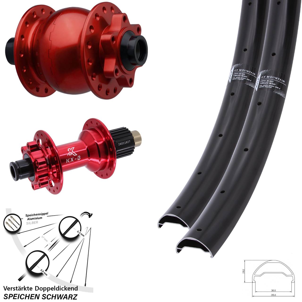 Laufradsatz 6-Loch 15x110 12x148 29 Zoll KX-B Mountain TR rot SON 28 Micro Spline