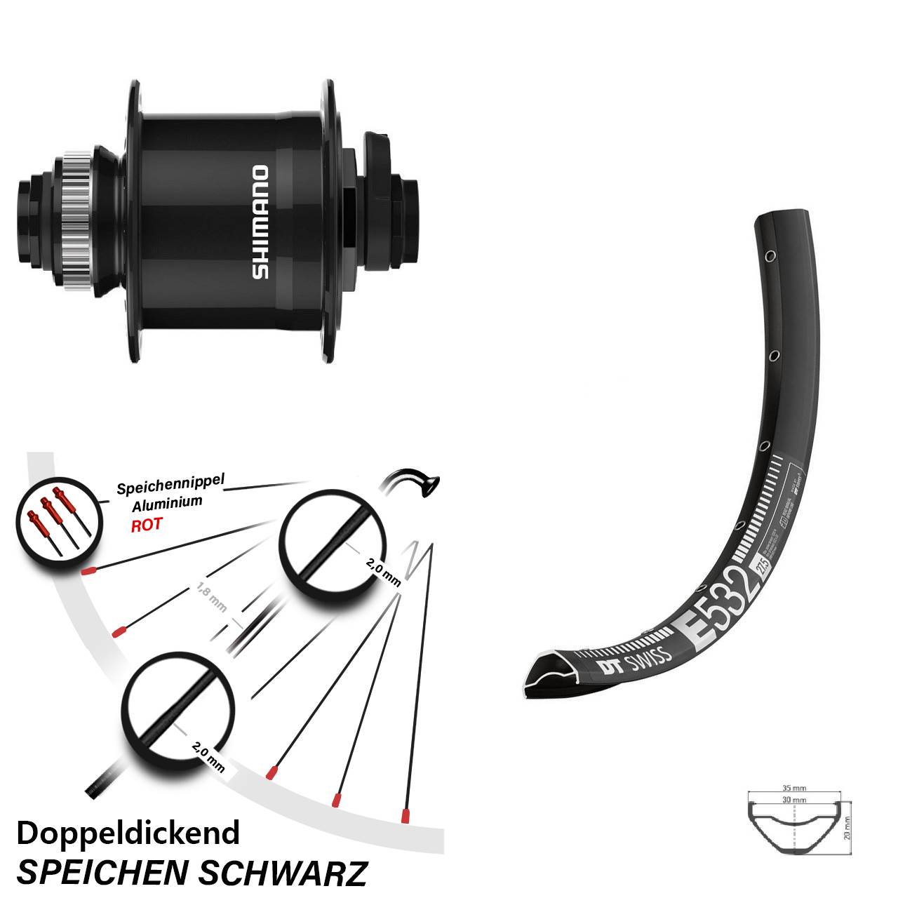Disc Nabendynamovorderrad 27,5 Zoll DT Swiss E532 Shimano DH-UR708-3D 15x100