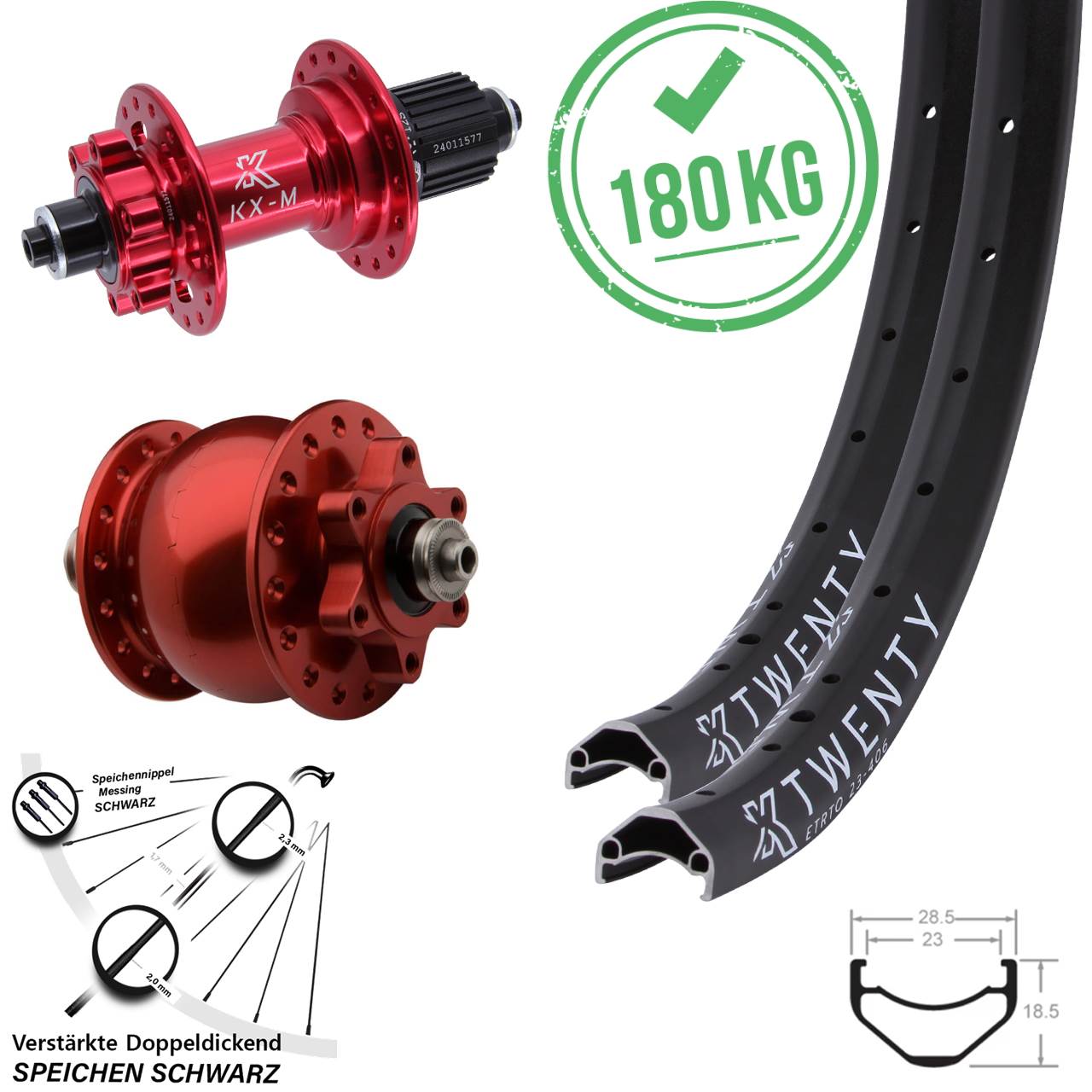 KX-M Twenty rot SON 28 20 Zoll Laufradsatz 6-Loch QR Shimano Micro Spline