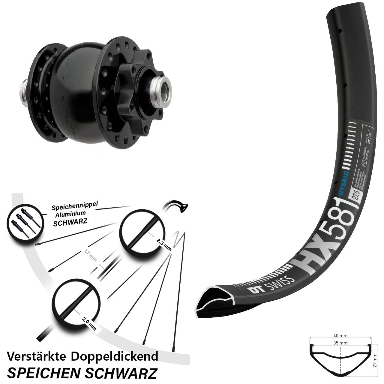 Nabendynamovorderrad 6-Loch 12x100 27,5 Zoll DT Swiss HX581 SON 28