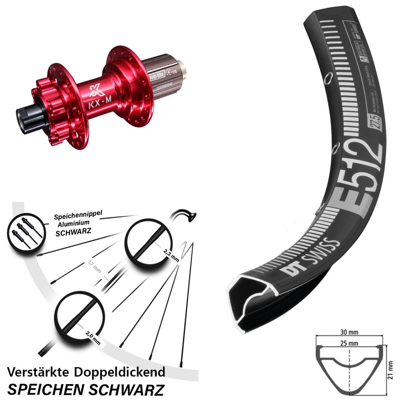 29 Zoll Laufrad DT Swiss E 512 KX-M rot Disc 6-Loch 8-12 fach 12x142