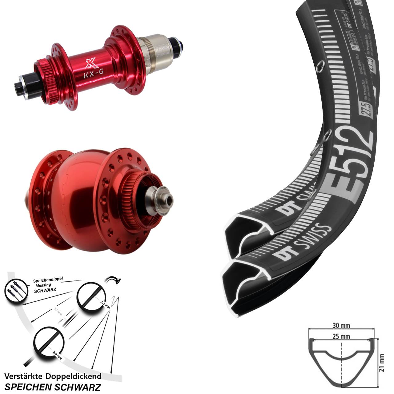 Disc Laufradsatz QR 27,5 Zoll DT Swiss E512 KX-G rot SON 28 XDR 11-12 fach