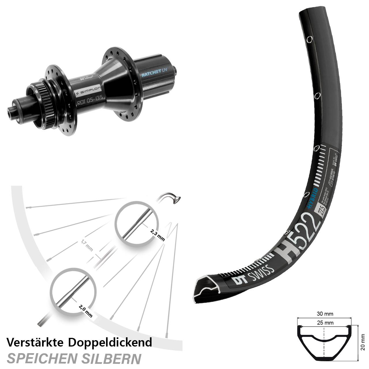 29 Zoll DT Swiss H522-370 Hybrid Centerlock Hinterrad für Schnellspanner 8-11 fach HG