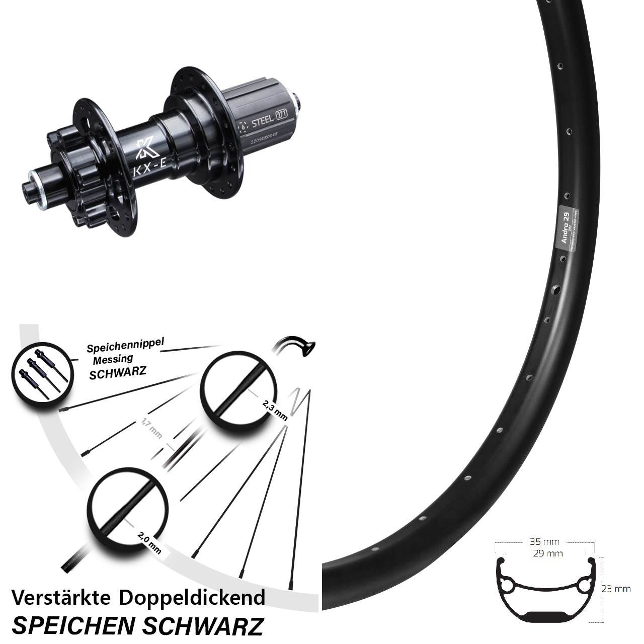 Hinterrad verstärkt KX-E Nabe 5x135 mm 6-loch 11-fach Ryde Andra 29 Zoll Schnellspanner