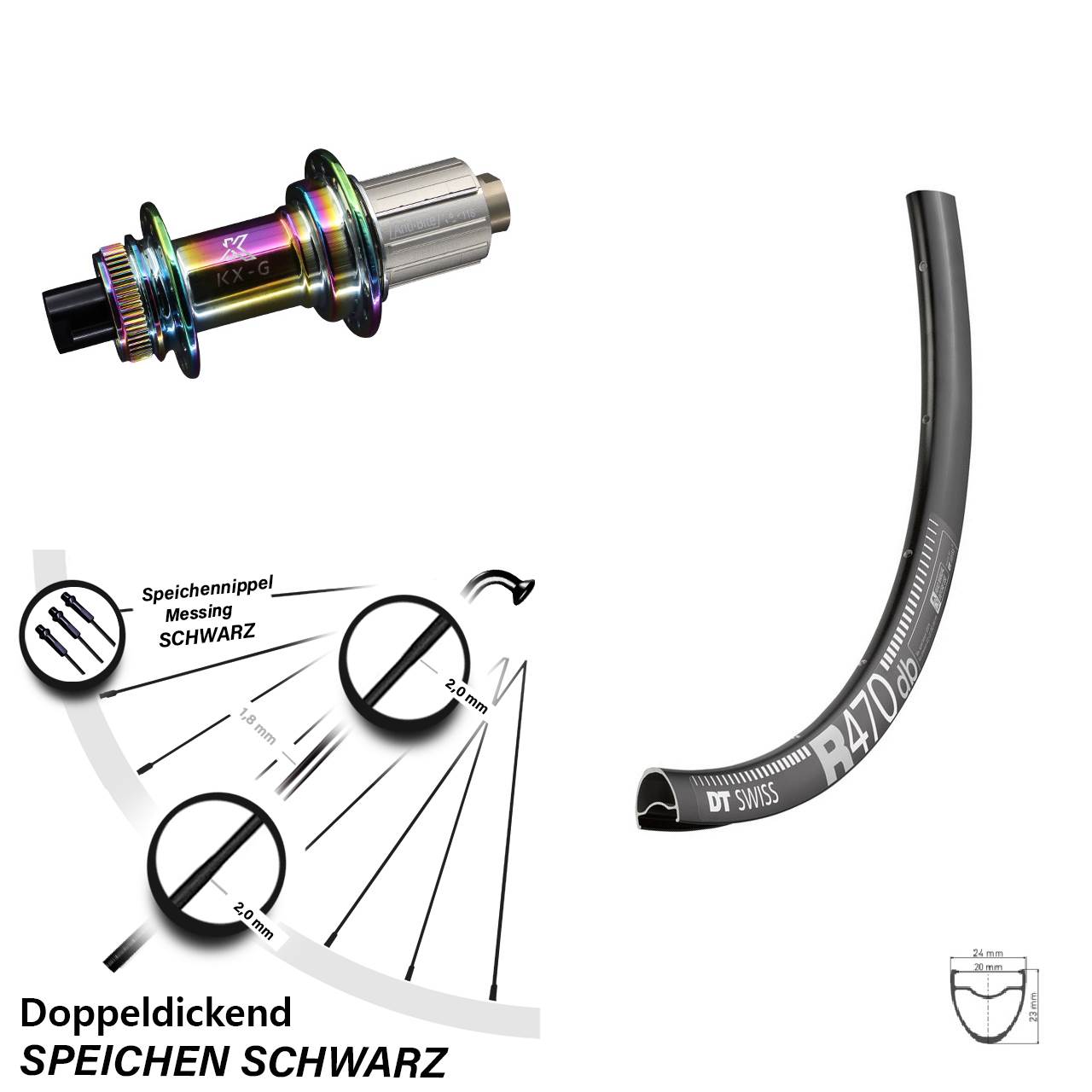 28 Zoll Hinterrad DT Swiss R 470 DB mit KX-G Oilslick Steckachse 12x142 mm 8-12 fach Nabe
