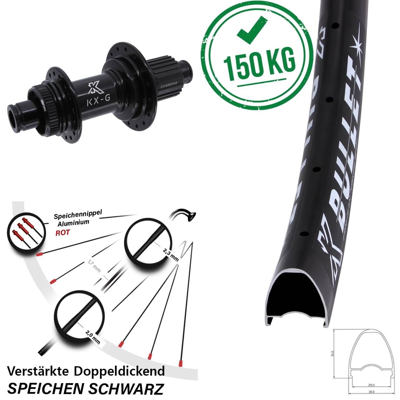 28 Zoll KX-GS Bullet verstärkt Hinterrad Centerlock 12x142 Micro Spline