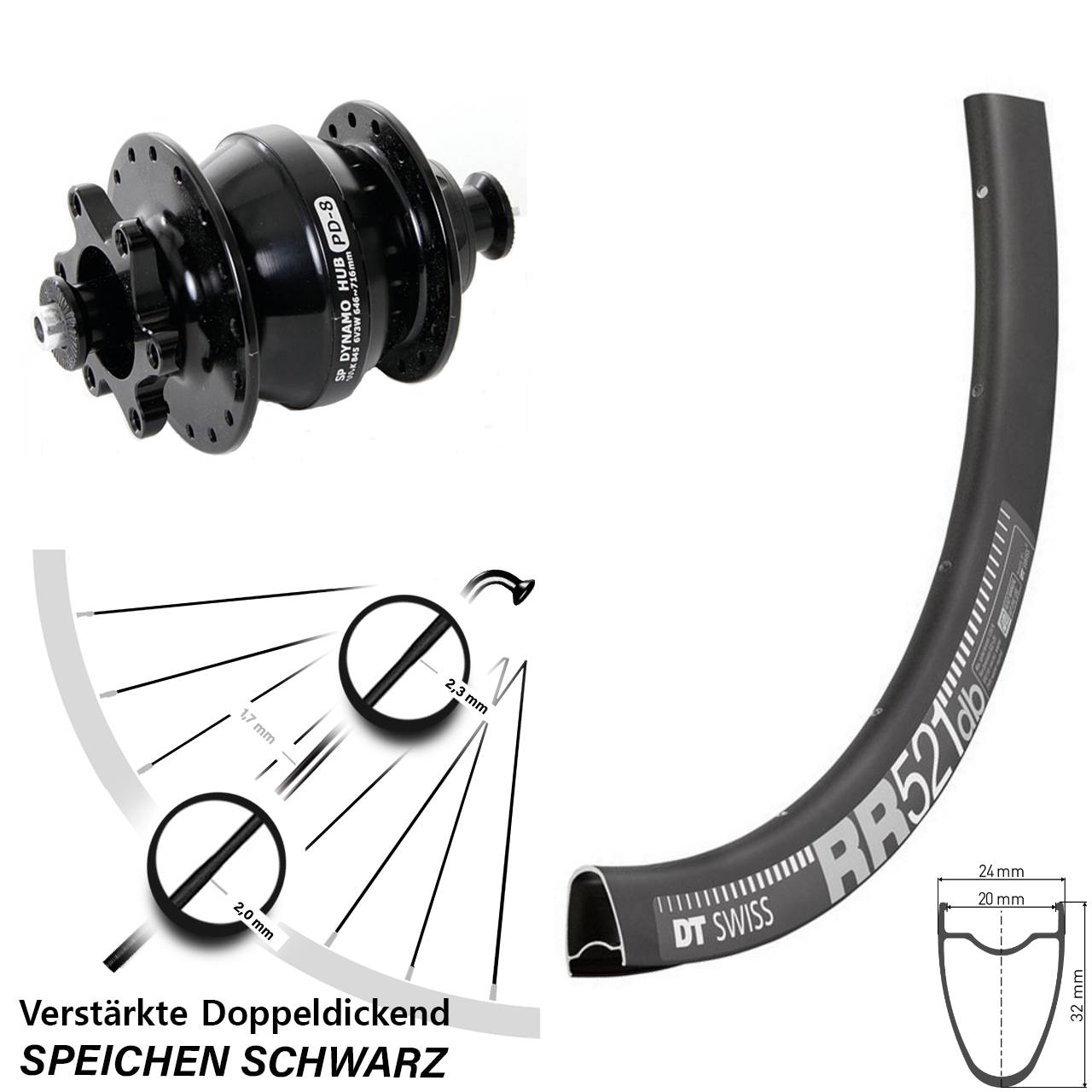 Nabendynamovorderrad 6-Loch QR 28 Zoll DT Swiss RR 521 Shutter Precision PD-8