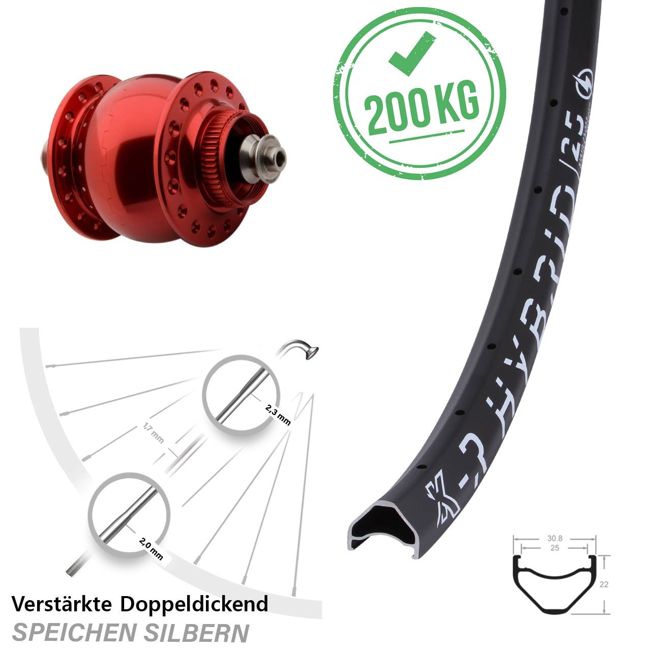 Centerlock Dynamo-Vorderrad QR 27,5 Zoll KX-R Hybrid 25 SON 28 rot