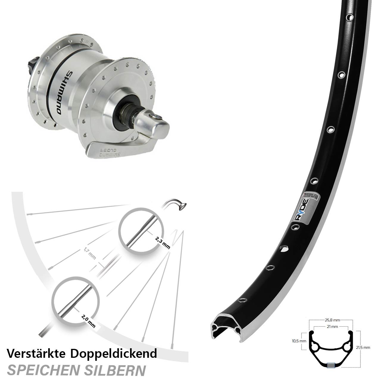 Nabendynamovorderrad QR 28 Zoll Ryde ZAC 421 Shimano DH-3N72