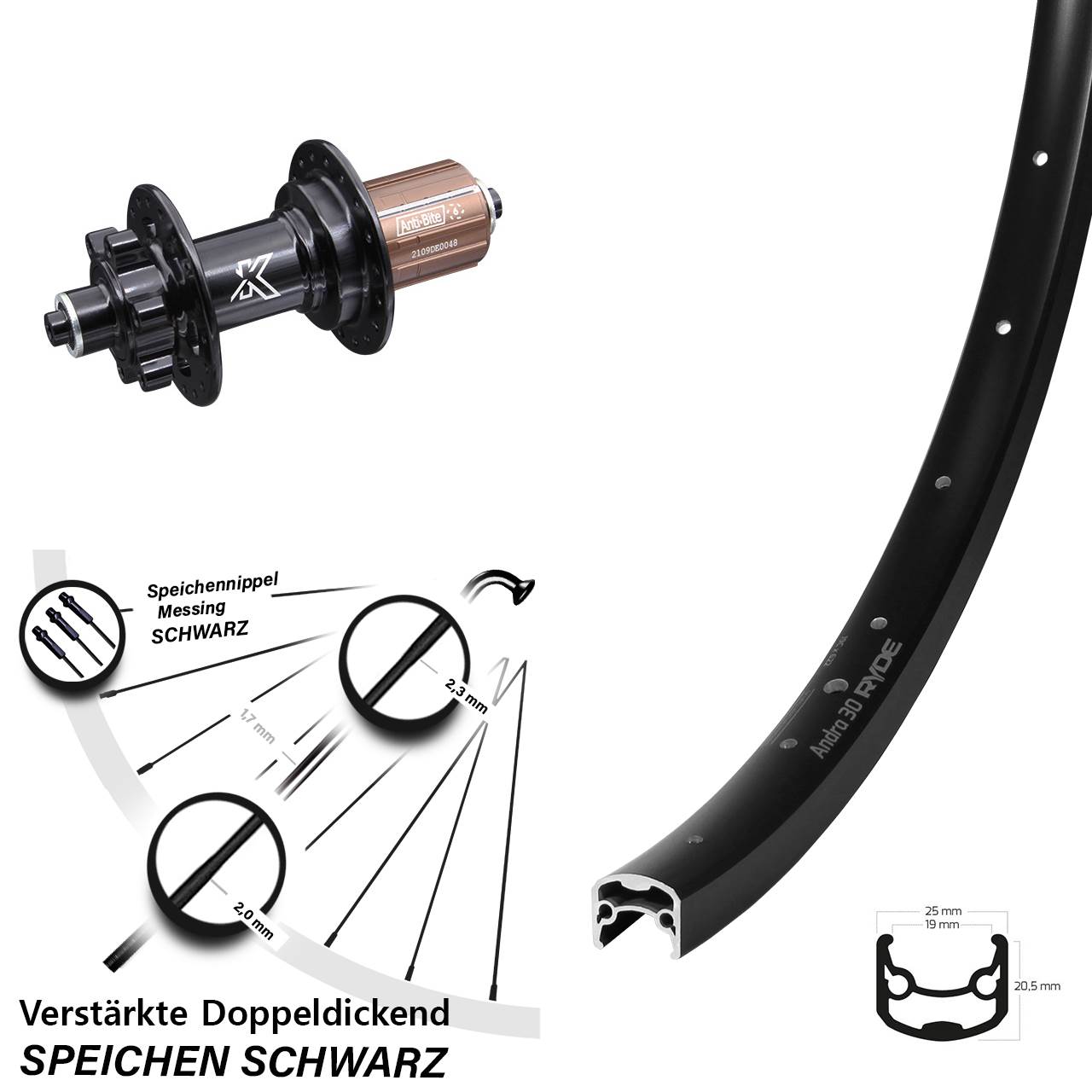 Ryde Andra 30 KX-M 28 Zoll Hinterrad 6-Loch für Schnellspanner 8-12 fach