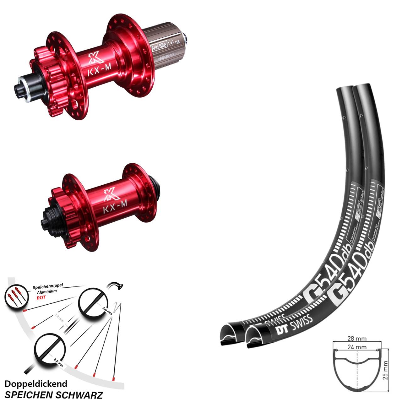 Laufradsatz DT Swiss G 540 Gravel KX-M 6-loch rot eloxiert 100/135 mm