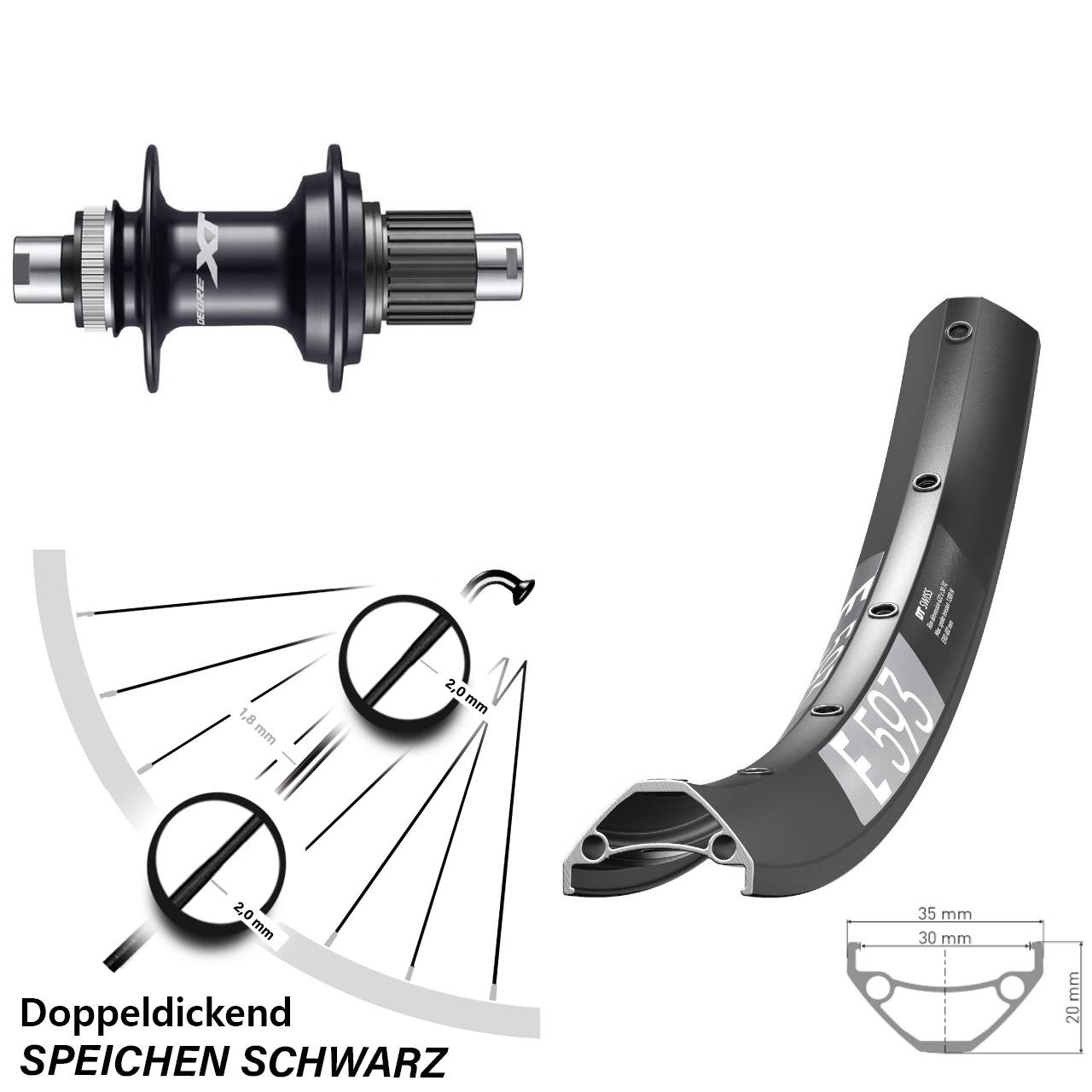29 Zoll DT Swiss E 593 Shimano XT Hinterrad Centerlock 12x142 Shimano Micro Spline