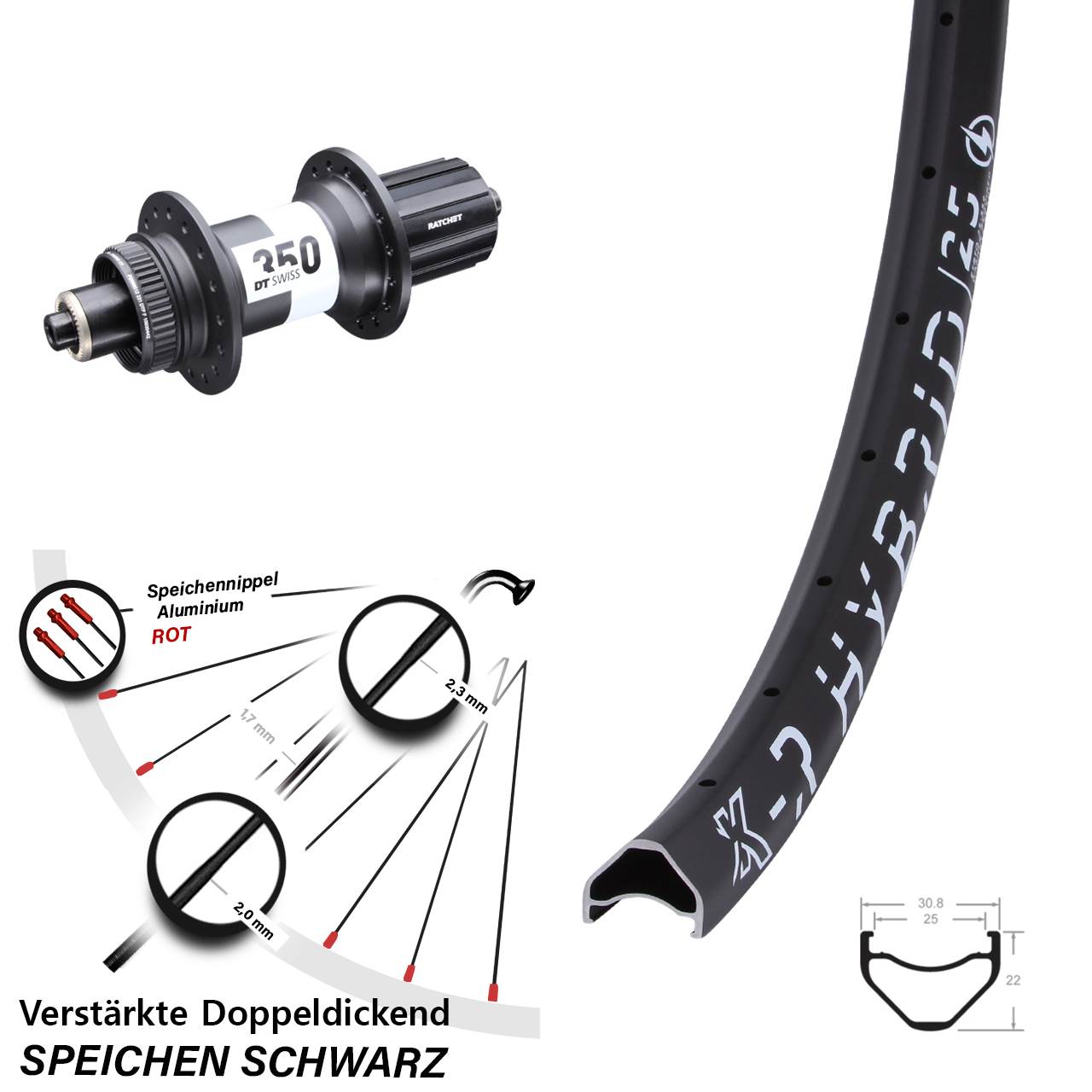 Hinterrad Centerlock 27,5 Zoll KX-R Hybrid 25 DT Swiss 350 8-11 fach für Schnellspanner