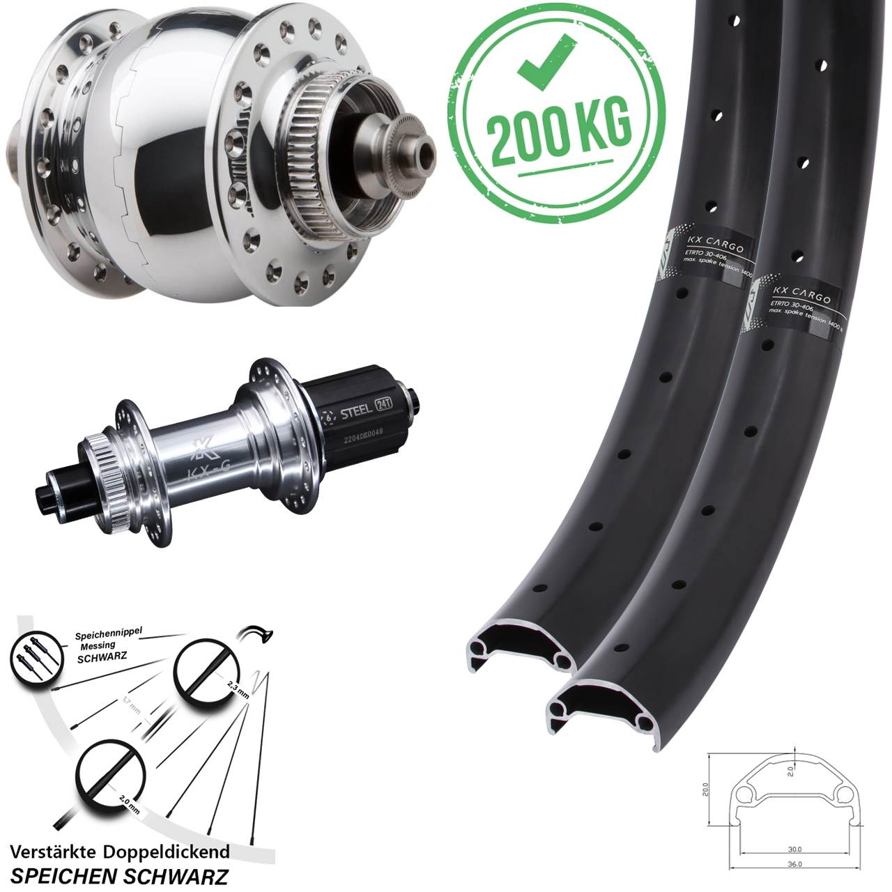 20/26 Zoll KX-GS Cargo verstärkt SON 28 poliert Centerlock Laufradsatz 8-12 fach QR