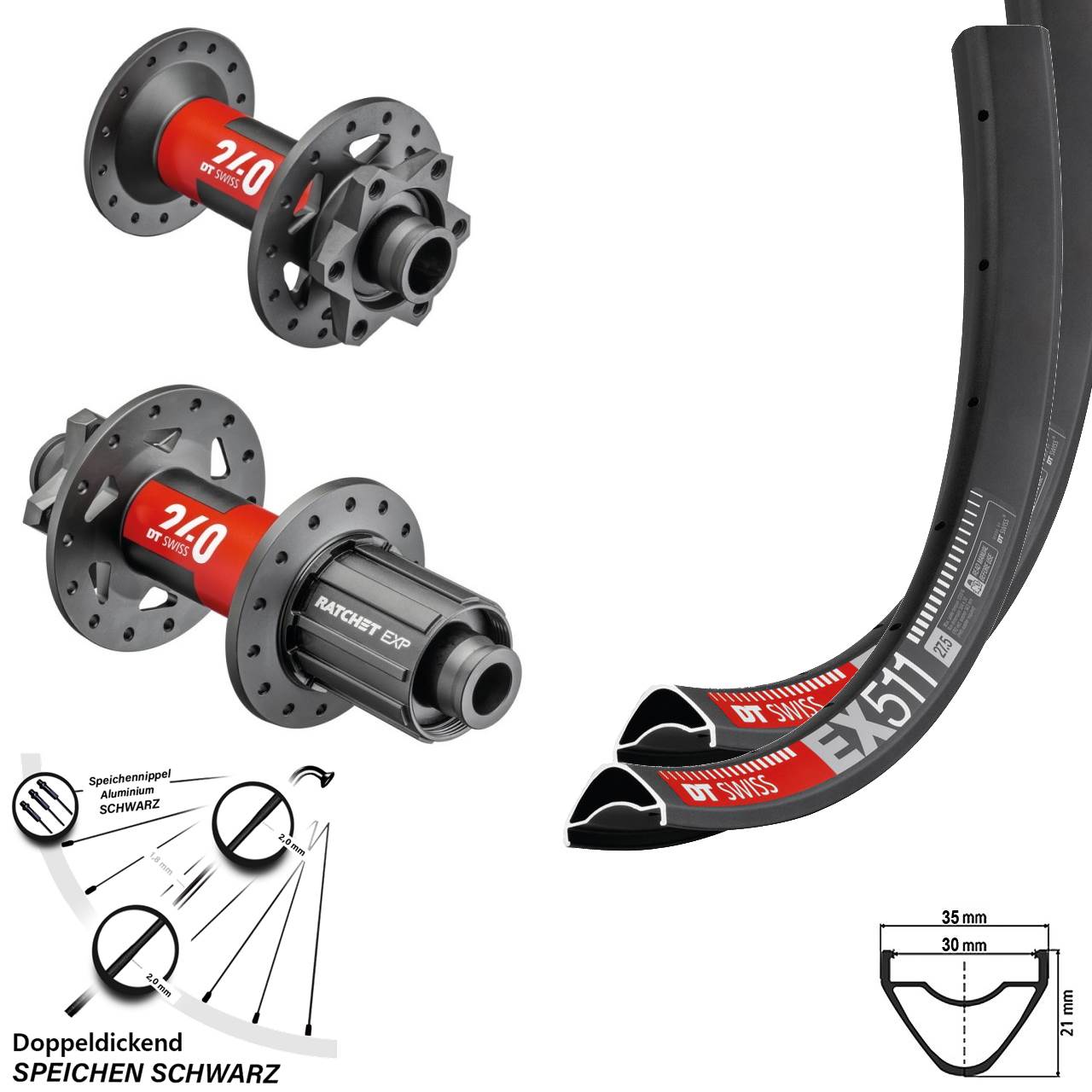 29 Zoll EX 511 DT Swiss 240 EXP Boost Laufradsatz 15x110 12x148 Shimano 11-fach MTB