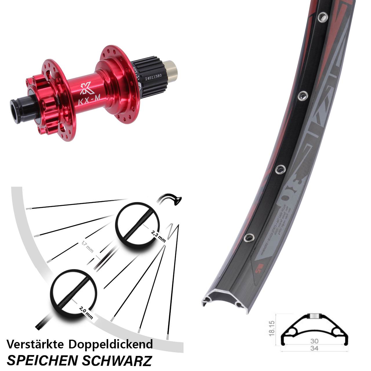 Hinterrad 6-Loch 12x142 29 Zoll Rodi TRYP30 KX-M rot Micro Spline