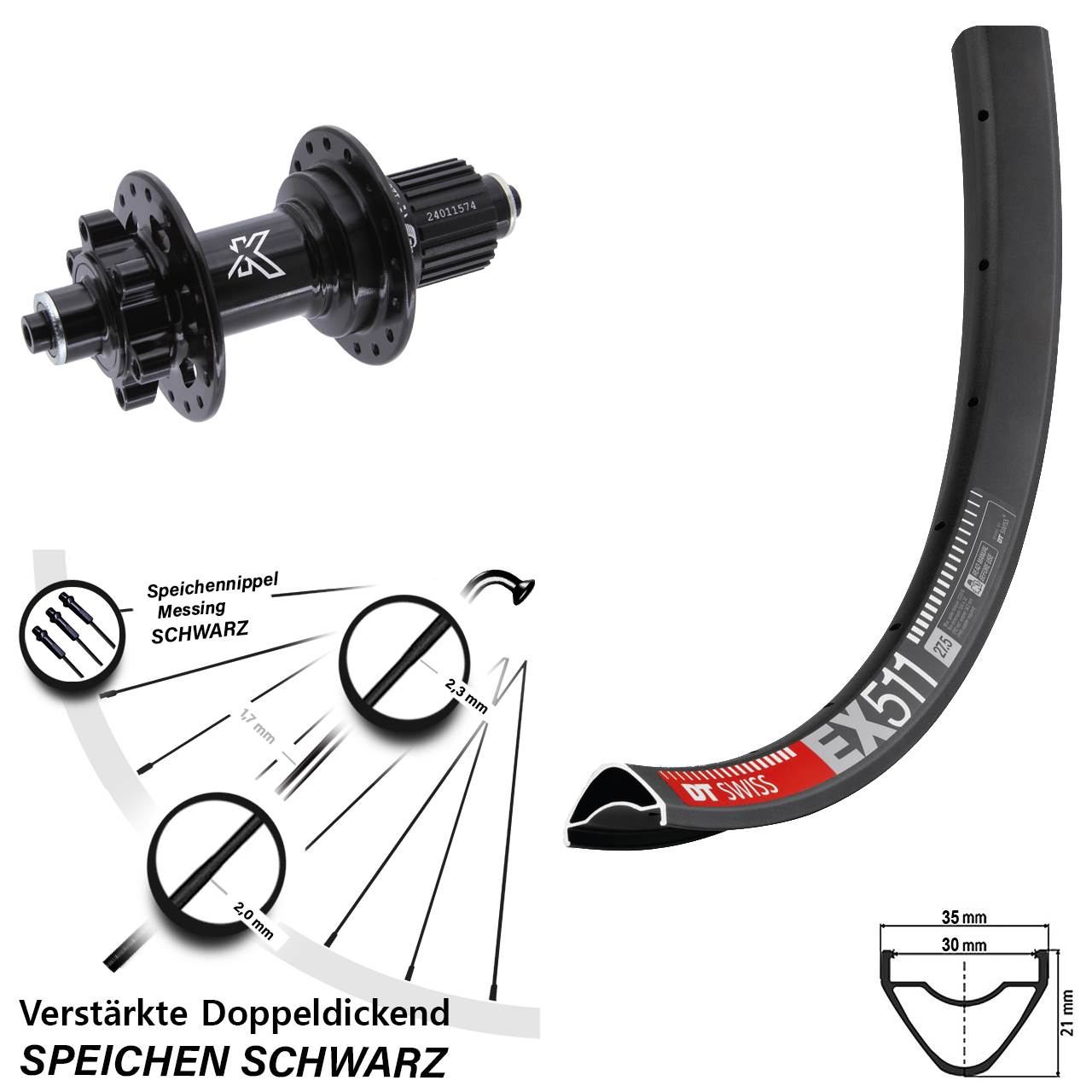 DT Swiss EX 511 KX-M 27,5 Zoll Disc Hinterrad für Schnellspanner Shimano Micro Spline