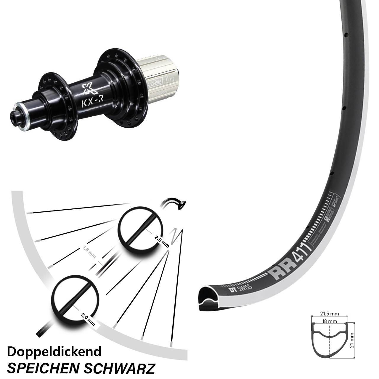 DT Swiss RR 411 OS Hinterrad 28 Zoll KX-R 5x130 mm schwarz Felgenbremse 8-12 fach