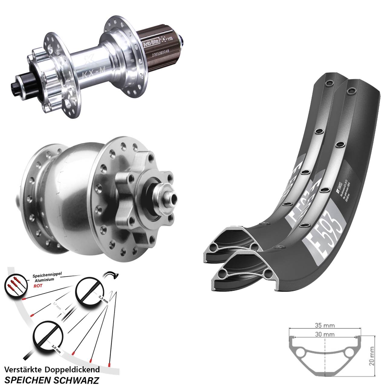 Disc Laufrad-Satz für Schnellspanner 29 Zoll DT Swiss E 593 KX-M SON 28 silbern 8-12 fach