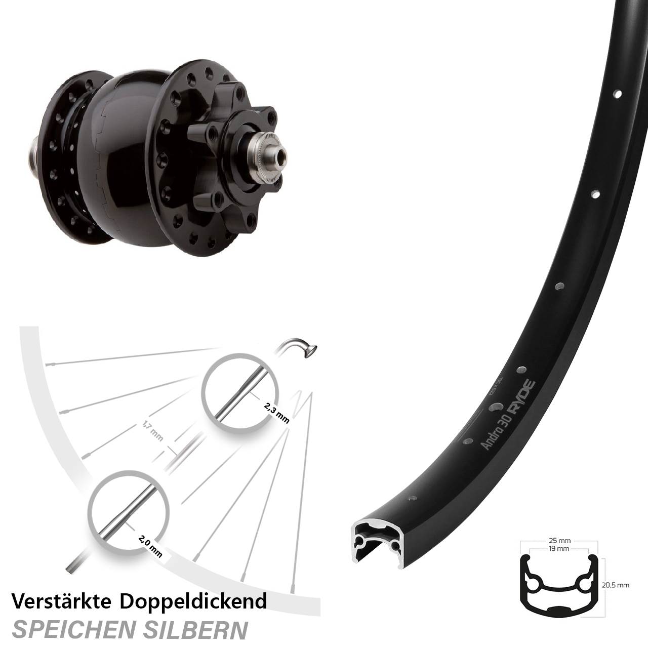 Vorderrad mit Nabendynamo 28-29 Zoll Ryde Andra 30 SON 28 QR 6-Loch