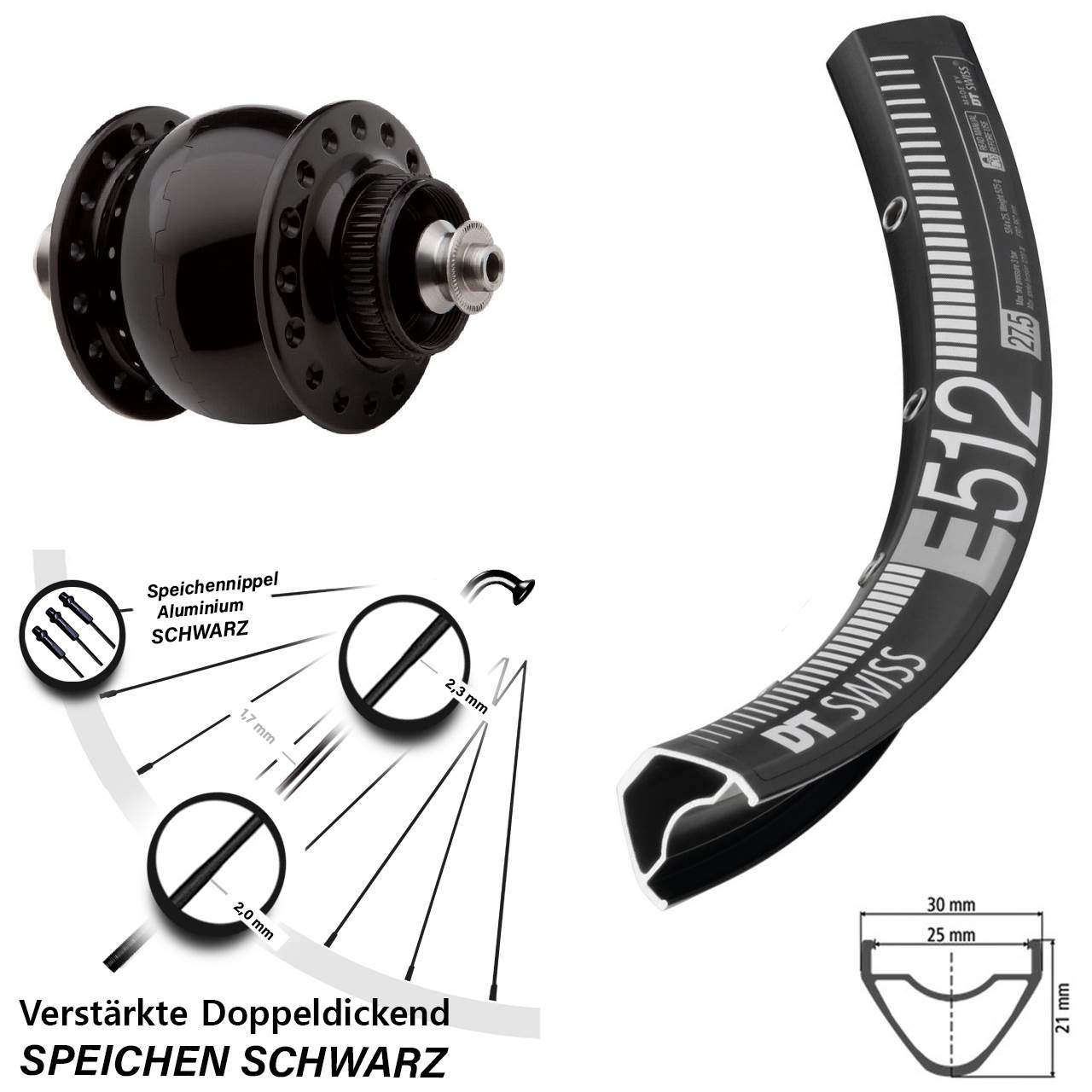 Disc Nabendynamovorderrad 27,5 Zoll DT Swiss E 512 SON 28 für Schnellspanner