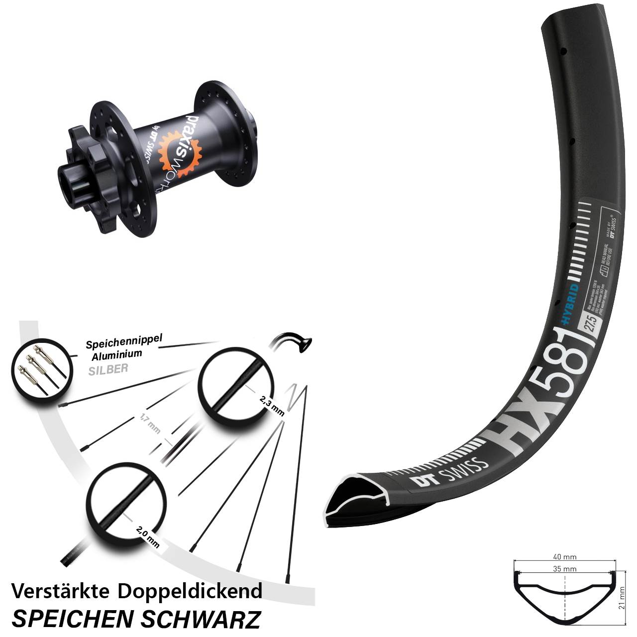 27,5 Zoll DT Swiss HX581 DT Swiss 350 SL Vorderrad 6-Loch 12x100