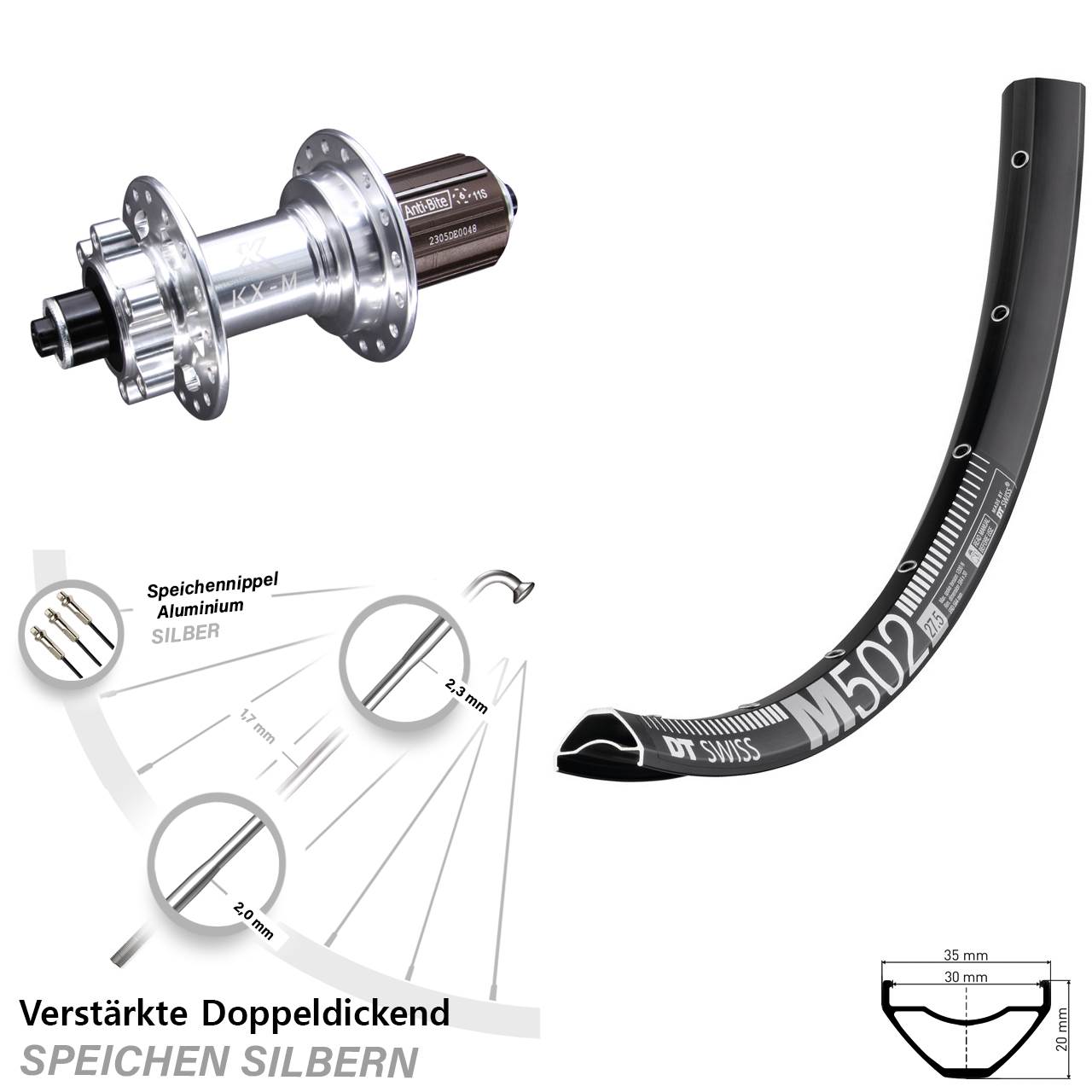 6-Loch Hinterrad für Schnellspanner 29 Zoll DT Swiss M 502 KX-M 8-12 fach