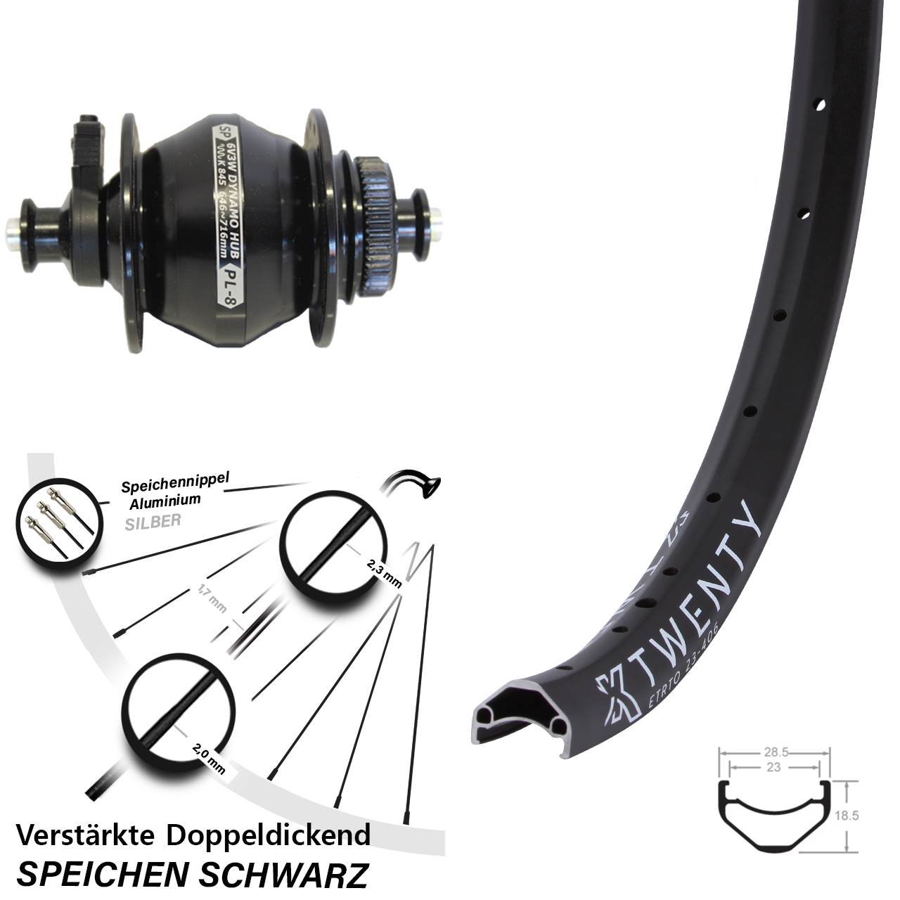 Disc Vorderrad mit Nabendynamo für Schnellspanner 20 Zoll KX Twenty Shutter PL-8