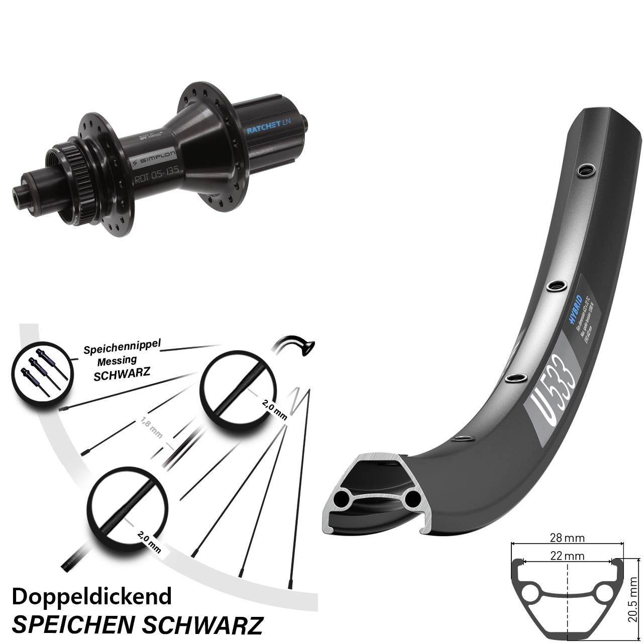 26 Zoll DT Swiss U 533-370 Hybrid Disc Hinterrad für Schnellspanner 8-11 fach HG