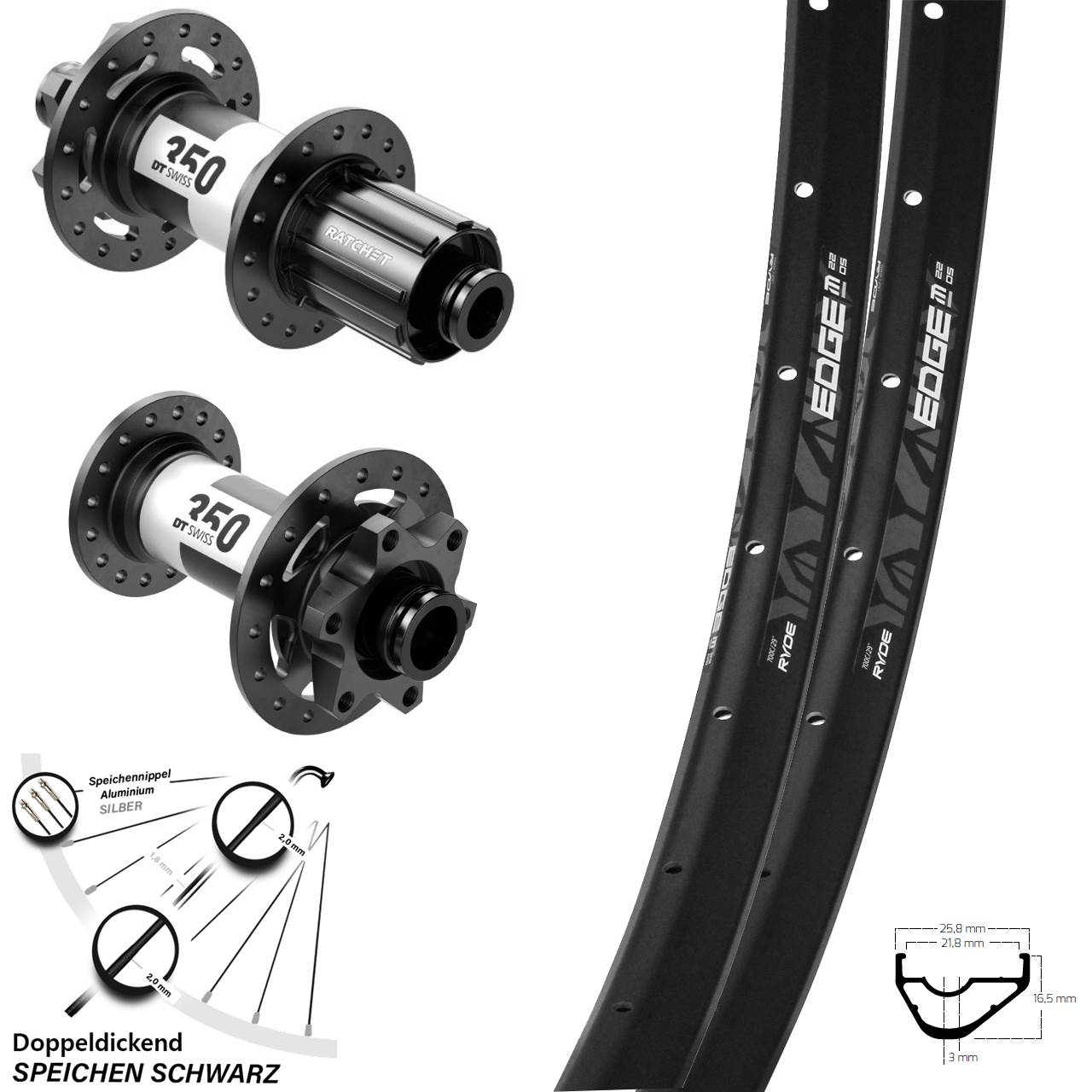 28 Zoll Ryde Edge M22 DT Swiss 350 Disc Laufrad-Satz 15x110 12x148 8-11 fach HG
