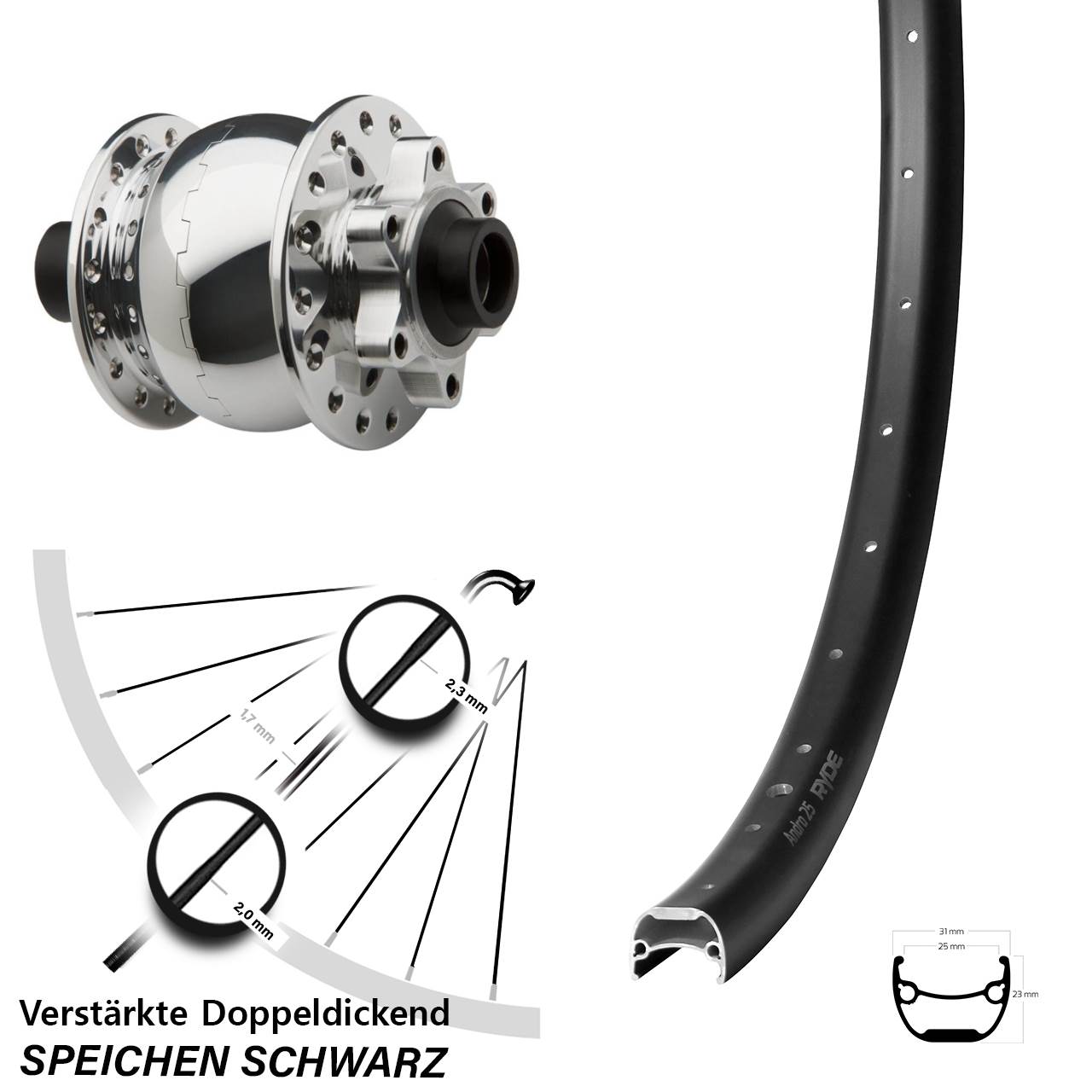 SON 28 Ryde Andra 25 29 Zoll Vorderrad mit Nabendynamo 6-Loch 15x100