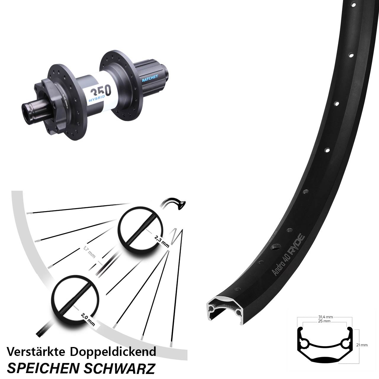 Disc Hinterrad 20 Zoll Ryde Andra 40 DT Swiss 350 Hybrid 8-11 fach HG 12x148 Boost