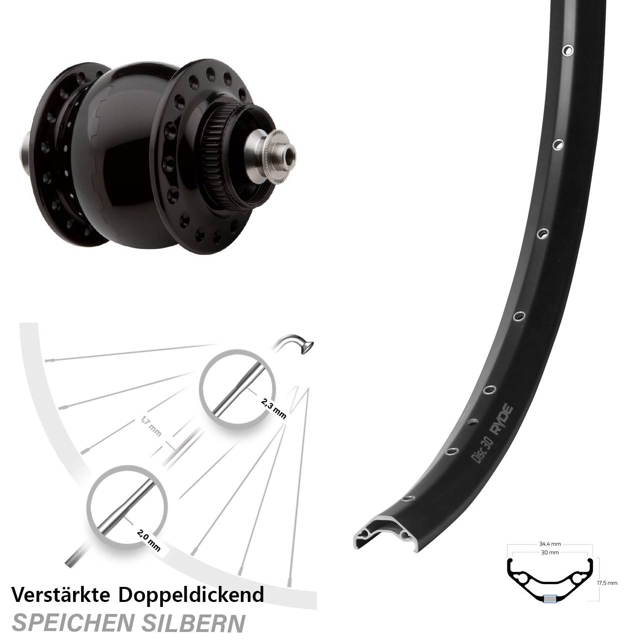Nabendynamovorderrad 29 Zoll Ryde Disc 30 SON 28 für Schnellspanner