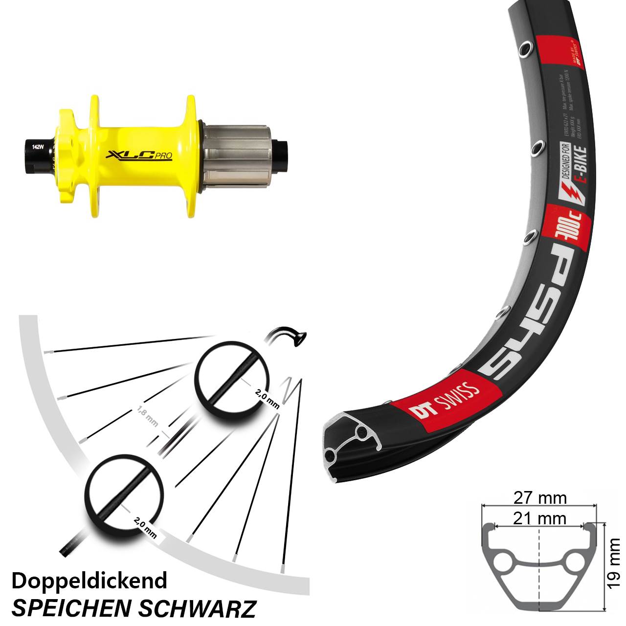 Disc Hinterrad 28 Zoll DT Swiss 545d XLC gelb 8-11 fach HG 12x142