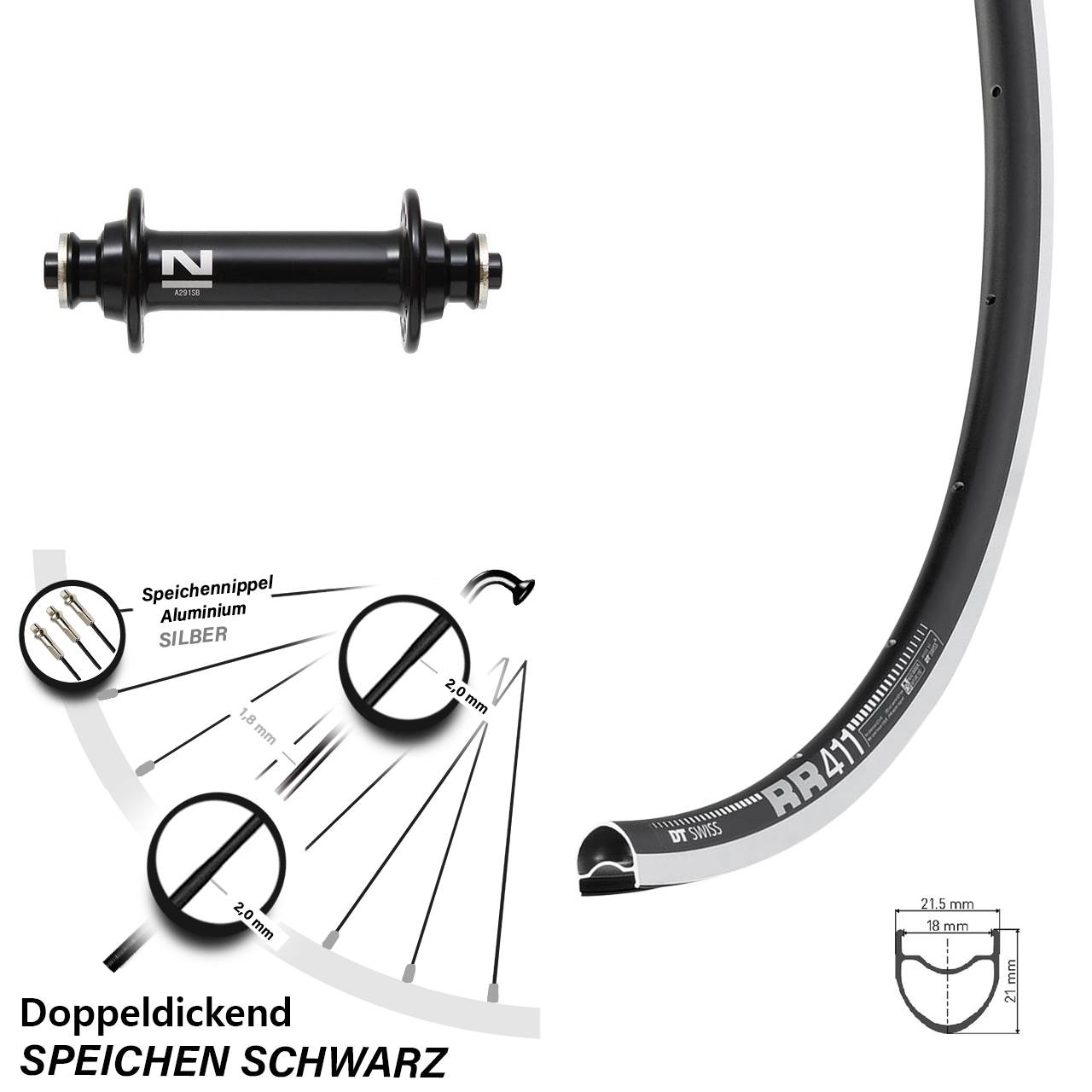 28 Zoll DT Swiss RR411 Novatec A291SB Vorderrad für Schnellspanner