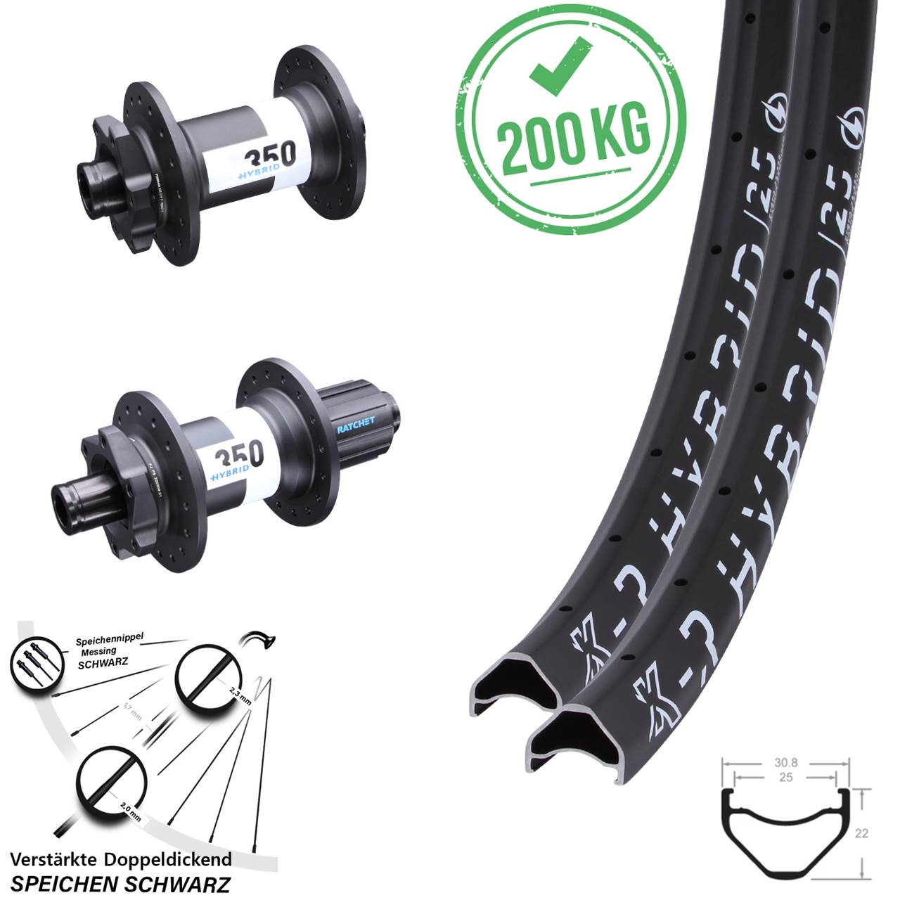 KX-R Hybrid 25 Laufradsatz 29 Zoll DT Swiss 350 E-Bike Boost Disc 6-loch verstärkt
