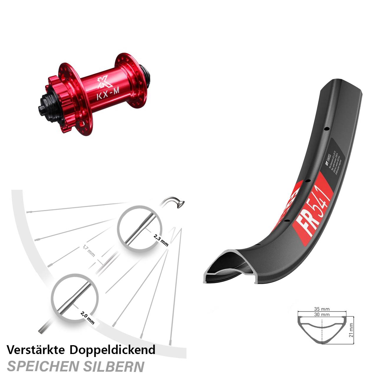 Vorderrad 6-Loch 29 Zoll DT Swiss FR 541 KX-M rot QR