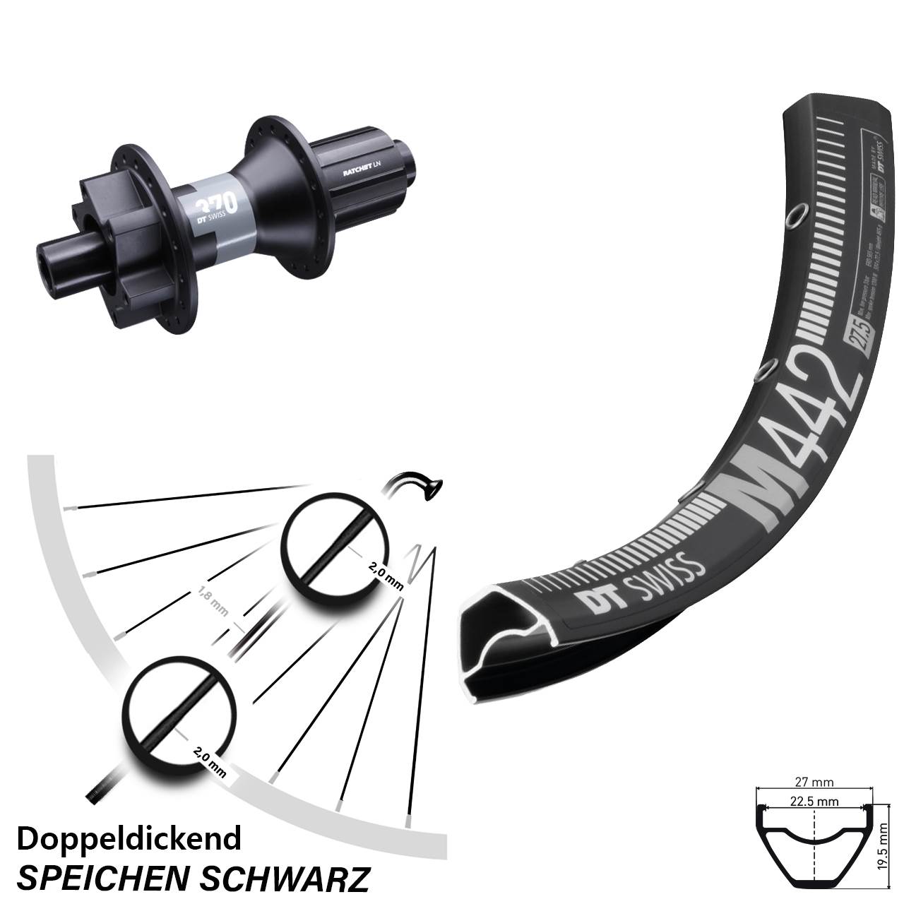 M 442 DT Swiss 370 12x142 mm Hinterrad 29 Zoll Disc 6-Loch 8-11 fach