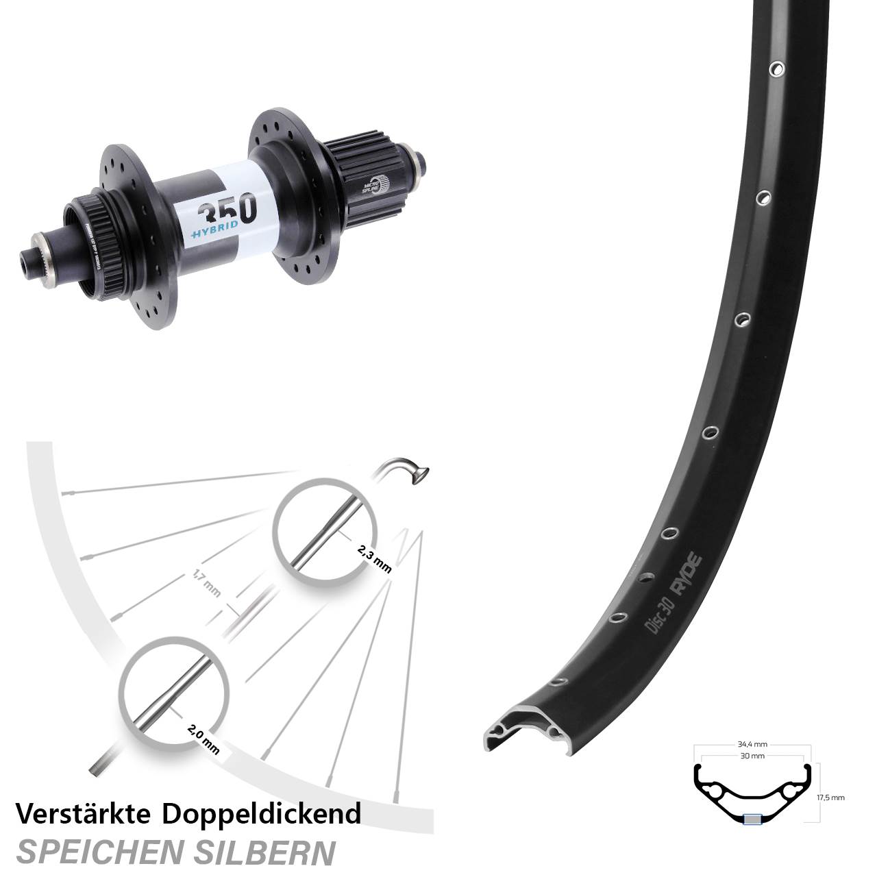 Ryde Disc 30 DT Swiss 350 Hybrid 29 Zoll Laufrad für Schnellspanner Boost Micro Spline
