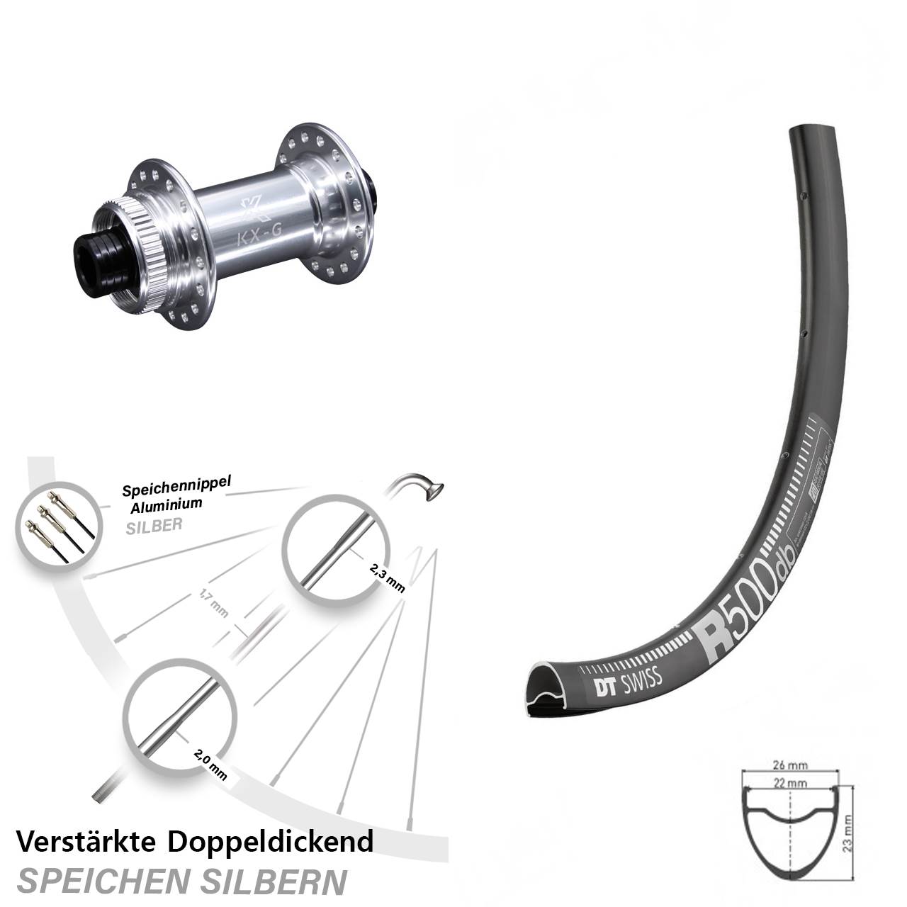 29 Zoll DT Swiss R 500 KX-G silbern Steckachse Laufrad 15x100