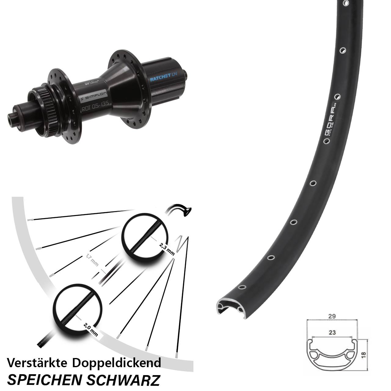 28-29 Zoll Gora 23 DT Swiss 370 Hybrid Hinterrad Centerlock für Schnellspanner 8-11 fach