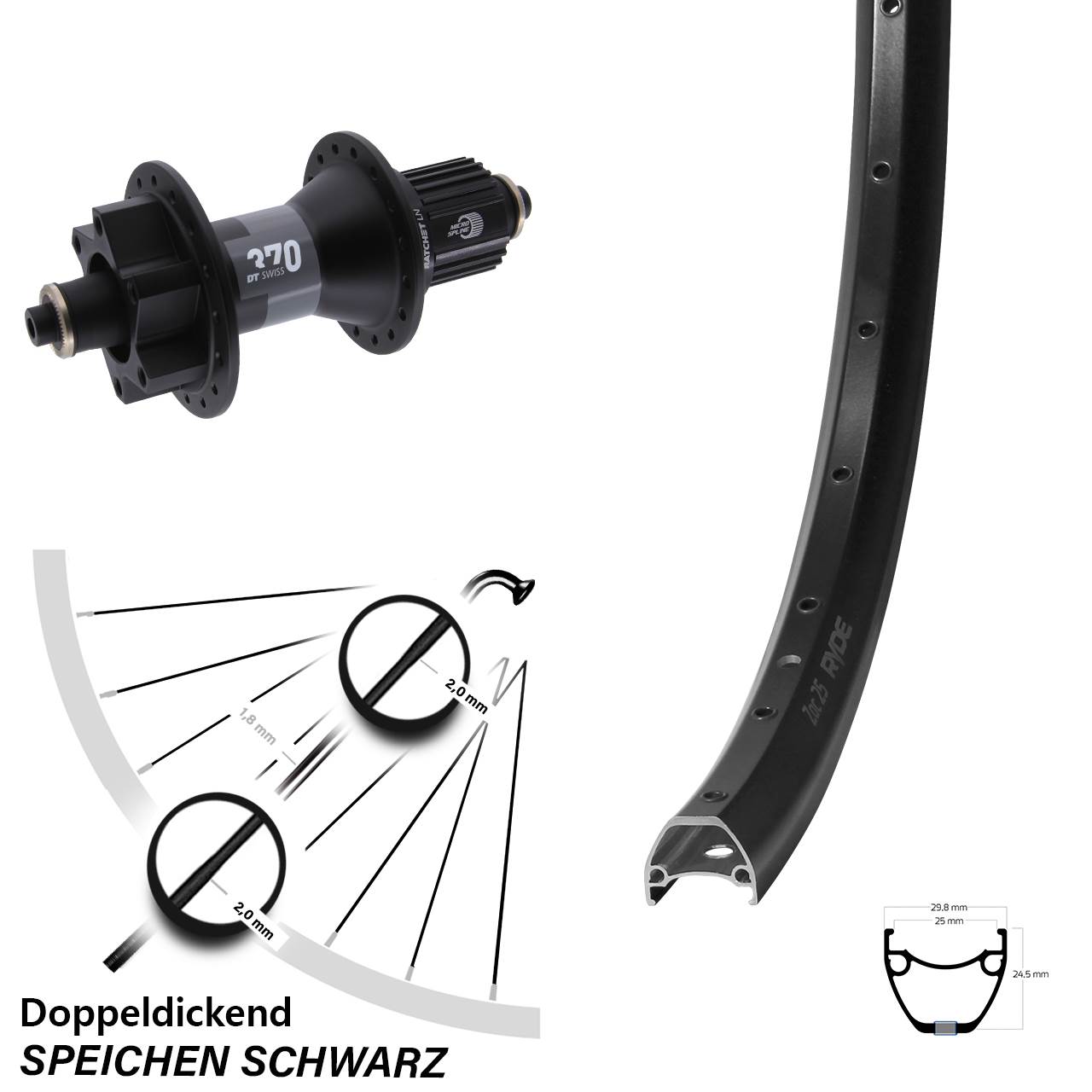 Hinterrad 28-29 Zoll Ryde ZAC 25 DT Swiss 370 5x135 6-Loch Micro Spline