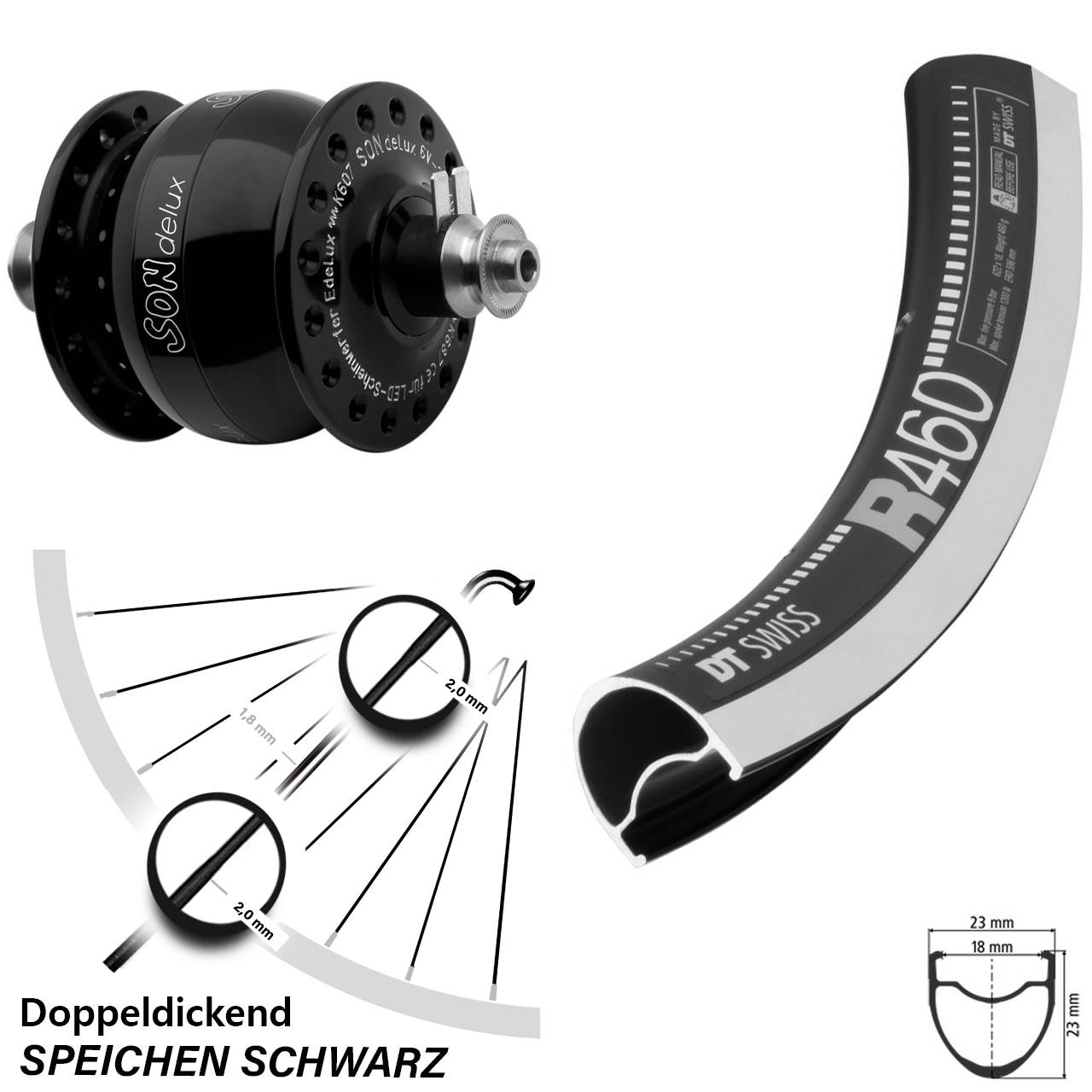 SON delux Rennrad Vorderrad 28 Zoll DT Swiss R 460 5x100 schwarz