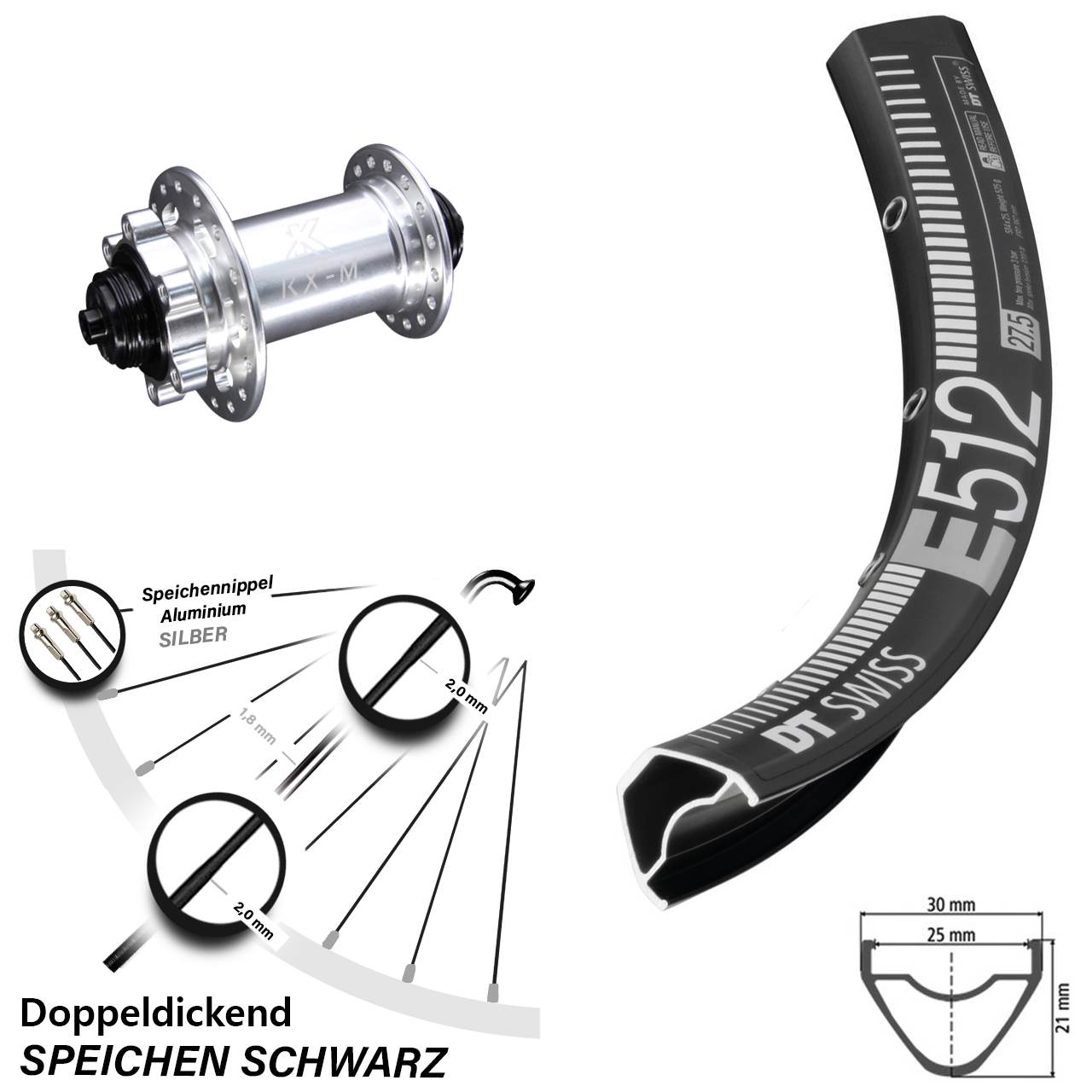 Laufrad 27,5 Zoll DT Swiss E 512 Disc KX-M 6-Loch 5/100 silbern