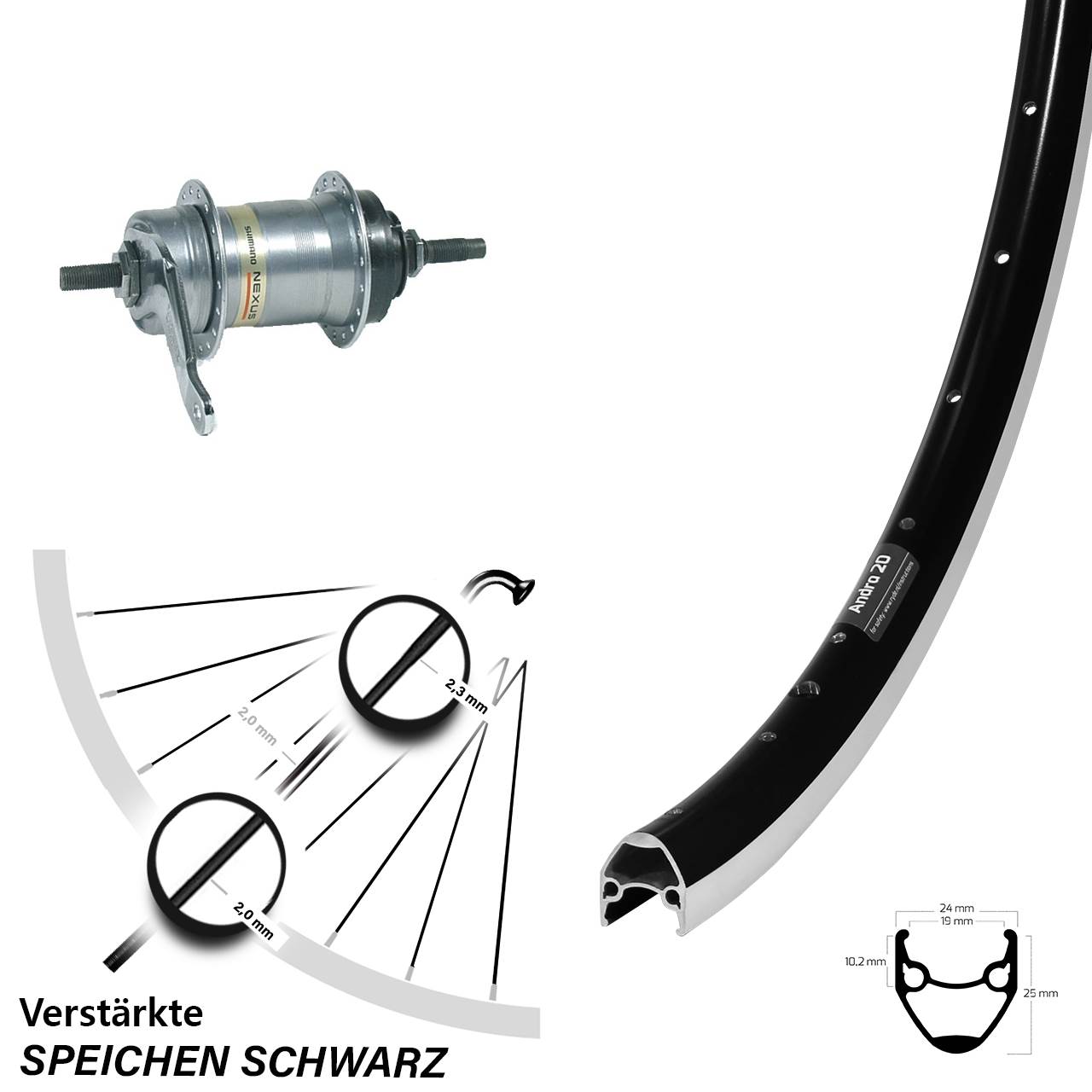 Shimano 3 Gang Nabenschaltungs-Hinterrad 28 Zoll Ryde Andra 20 schwarz