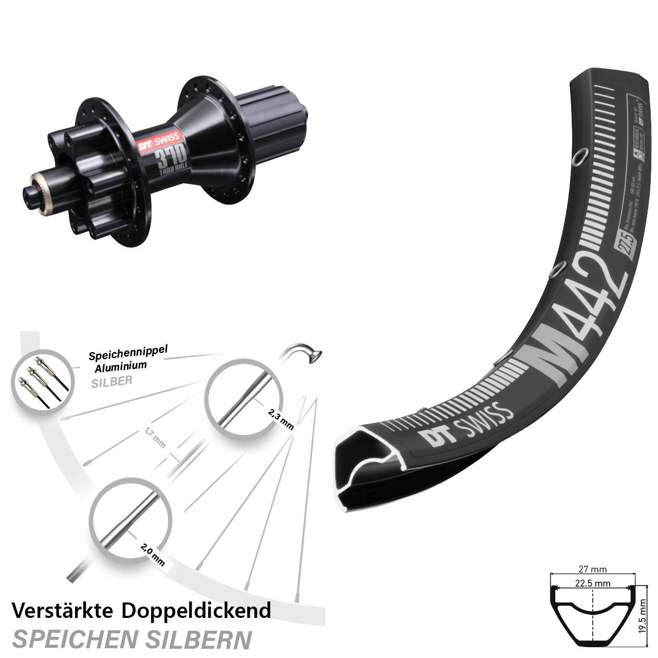 DT Swiss M 442-370 Hybrid 28 Zoll Disc Laufrad für Schnellspanner 8-11 fach