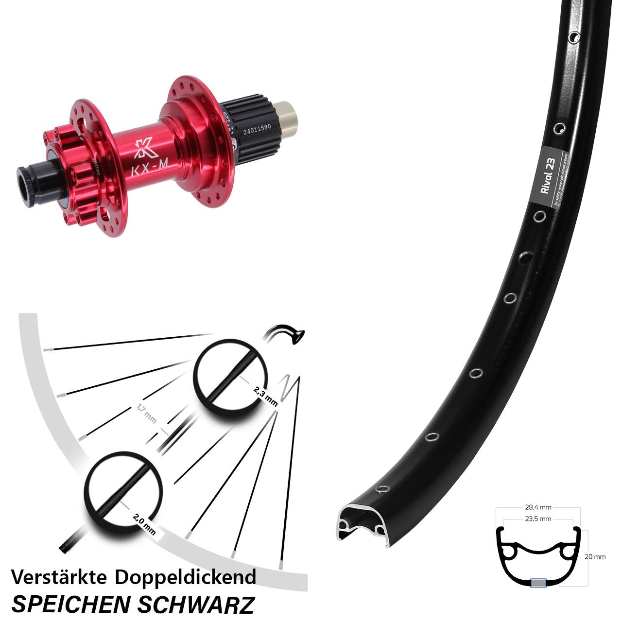 Disc Laufrad 27,5 Zoll Ryde Rival 23 KX-M rot Micro Spline 12x142