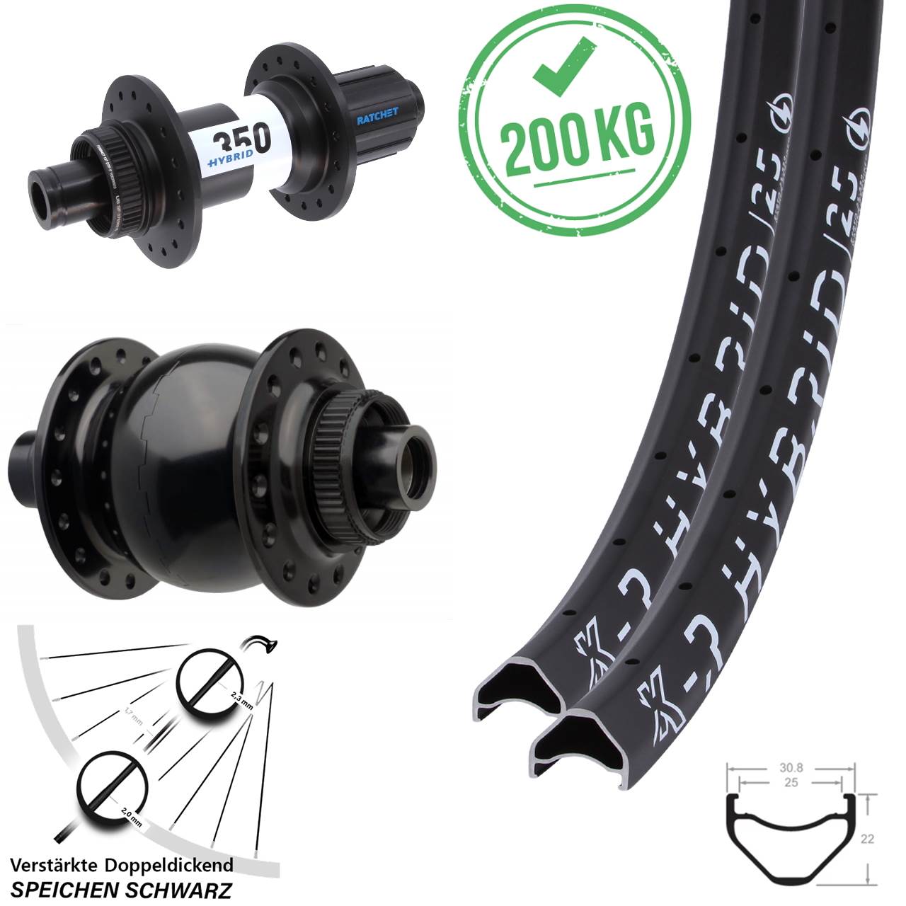 Laufradsatz 26 Zoll KX-R Hybrid 25 DT Swiss 350 SON 28 8-11 fach 15x110 12x148