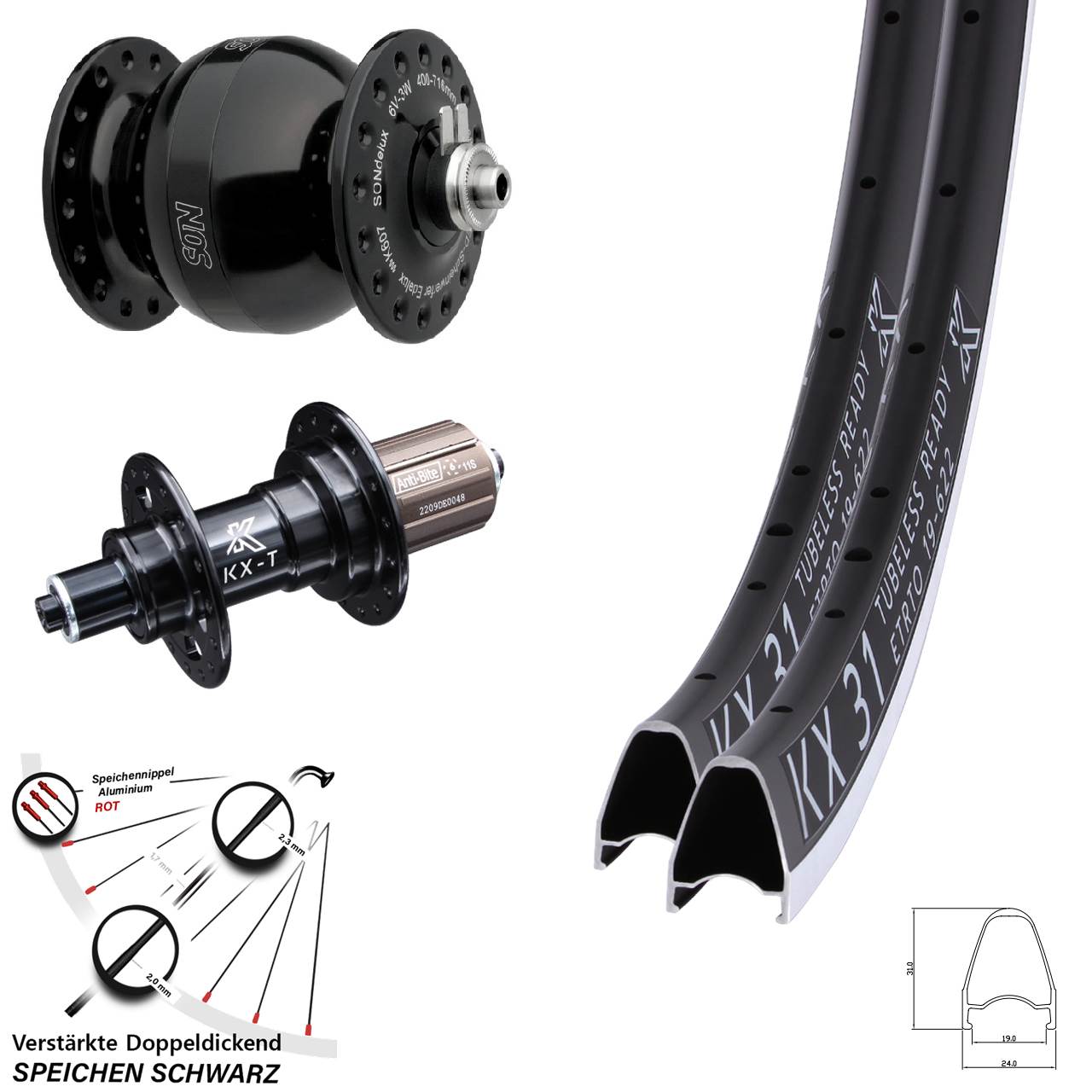 KX-T 31 SON delux wide body 28 Zoll Laufradsatz für Schnellspanner 8-11 fach HG 8-12 fach