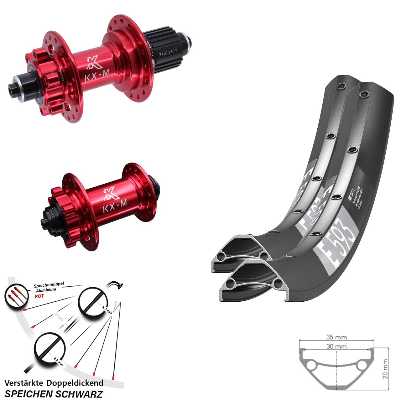 Disc Laufrad-Satz für Schnellspanner 29 Zoll DT Swiss E 593 KX-M rot Micro Spline